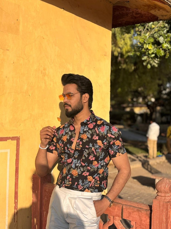 Men’s Black Floral Printed Casual Shirt