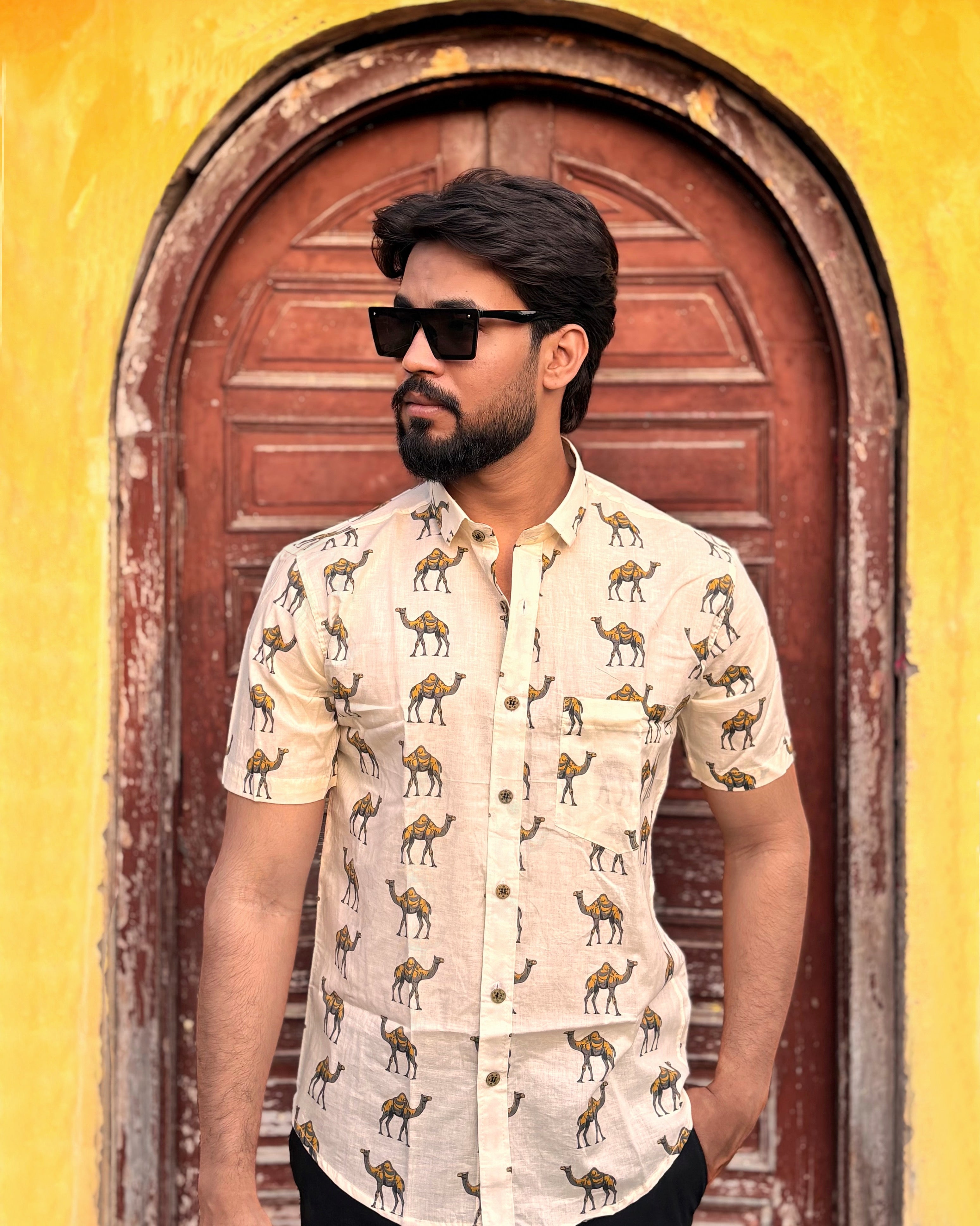 Men’s Beige Camel Print Cotton Shirt – Premium Summer Casual Wear
