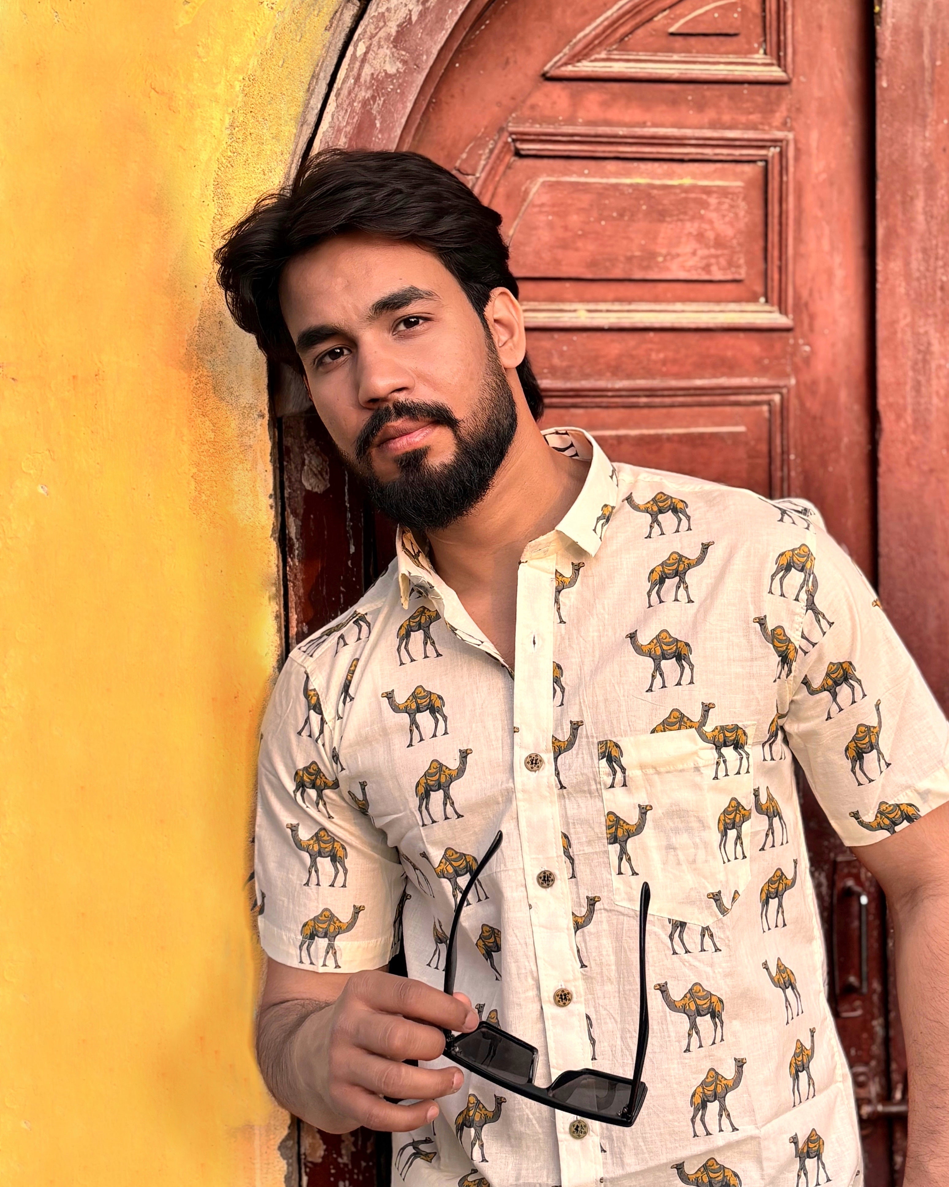 Men’s Beige Camel Print Cotton Shirt – Premium Summer Casual Wear