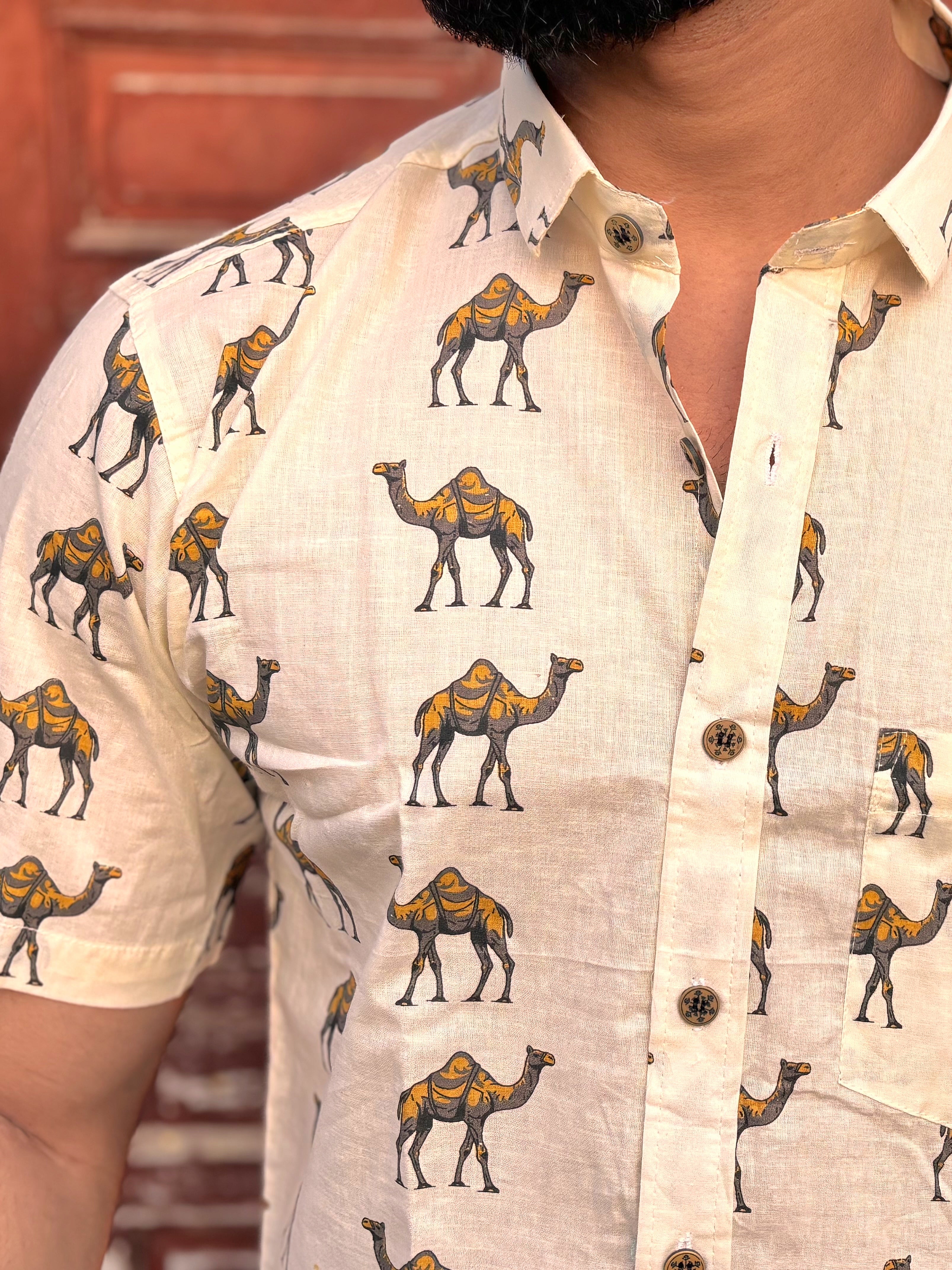 Men’s Beige Camel Print Cotton Shirt – Premium Summer Casual Wear