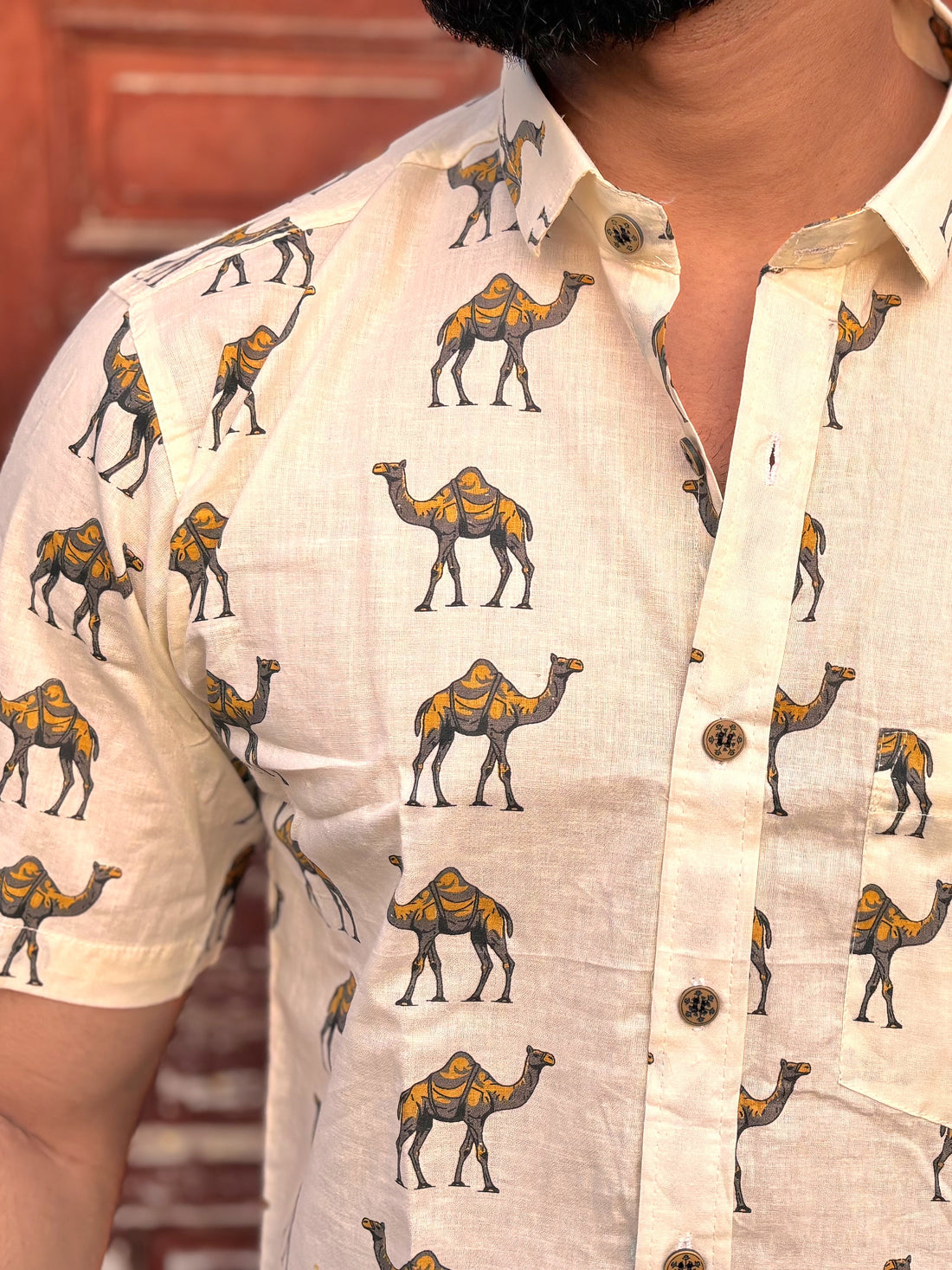 Men’s Beige Camel Print Cotton Shirt – Premium Summer Casual Wear