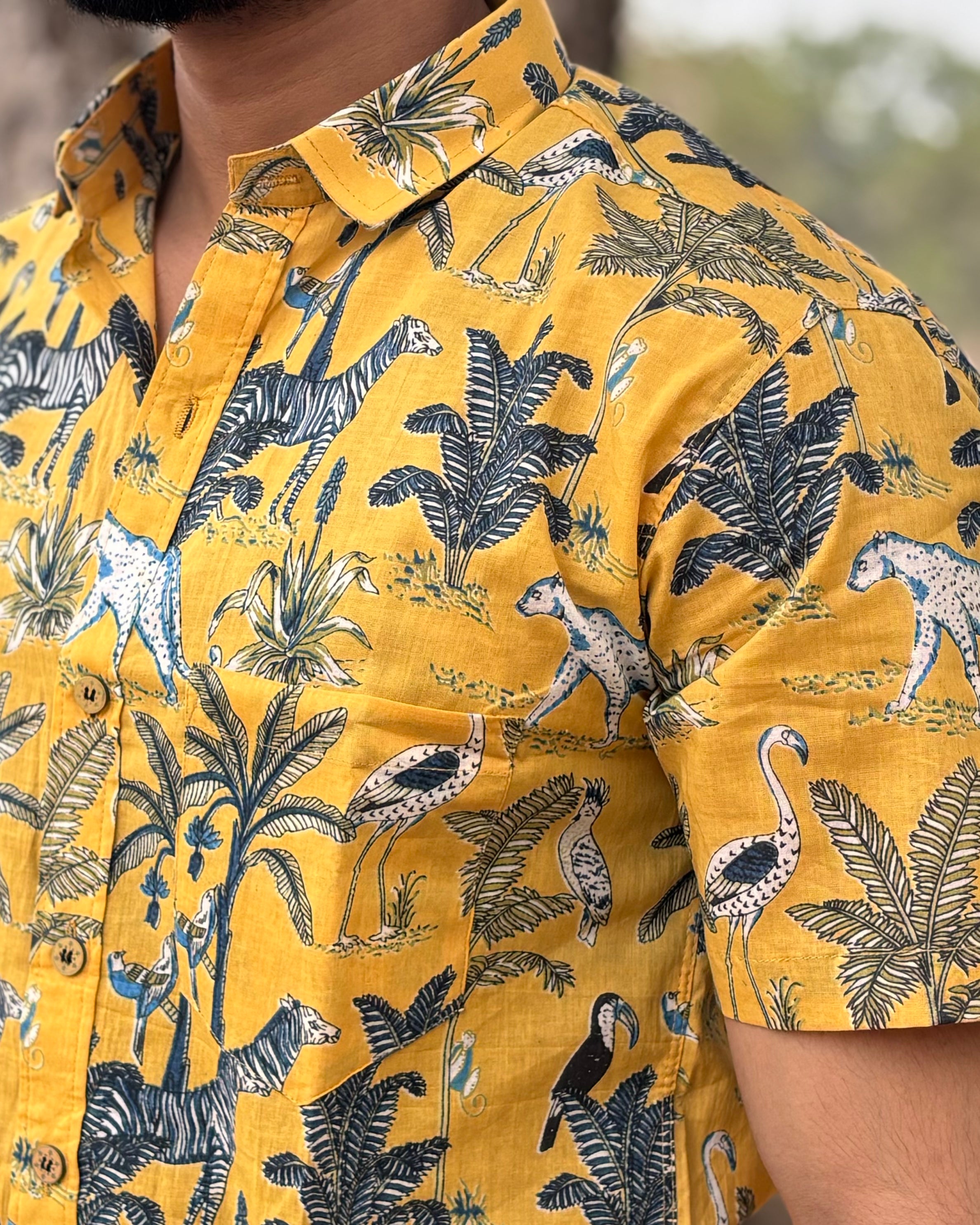 Men’s Yellow Tropical Block Print Shirt – Premium Jungle Print Half Sleeve Casual Shirt