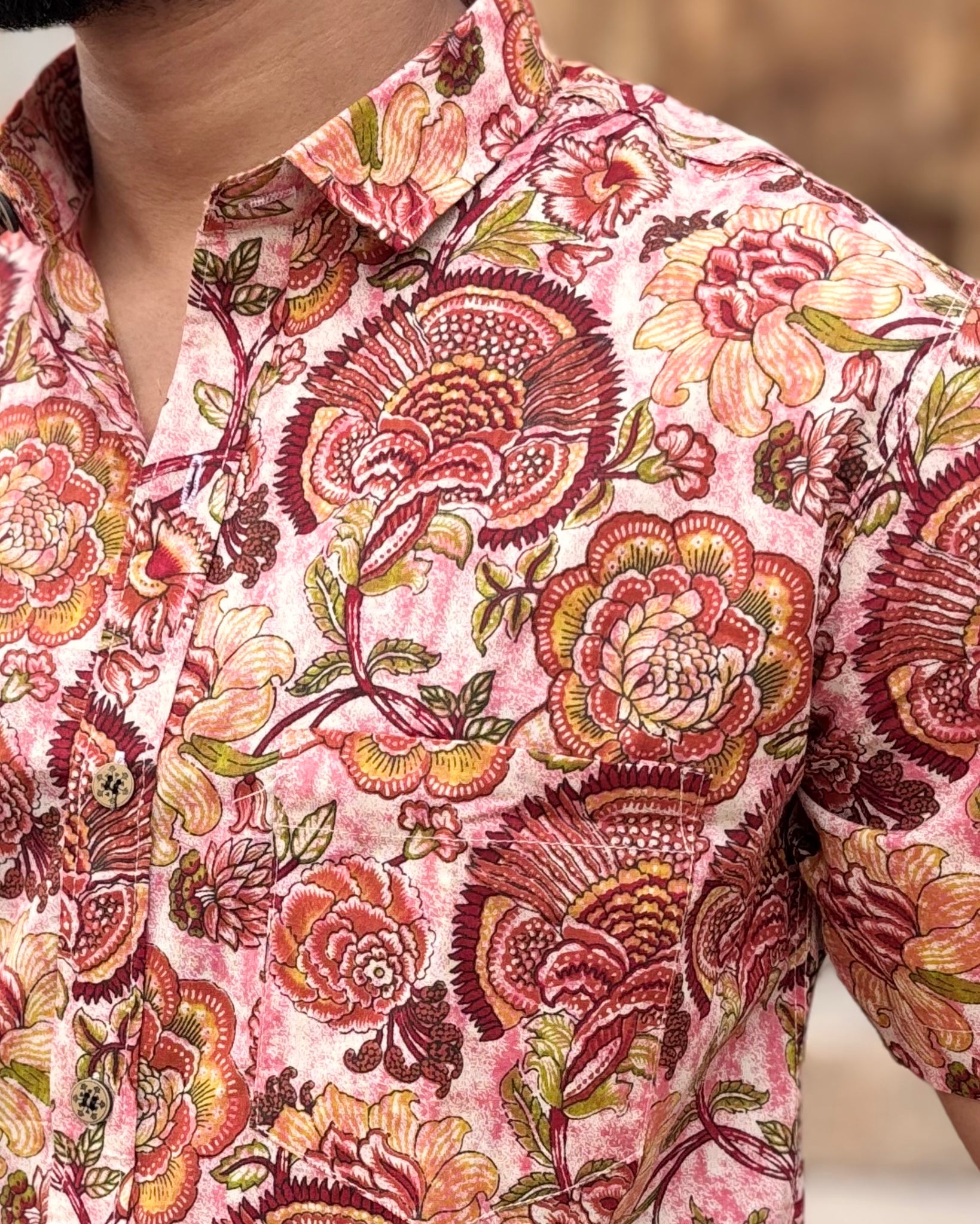 Men’s Pink Floral Block Print Shirt – Premium Ethnic Printed Half Sleeve Casual Shirt