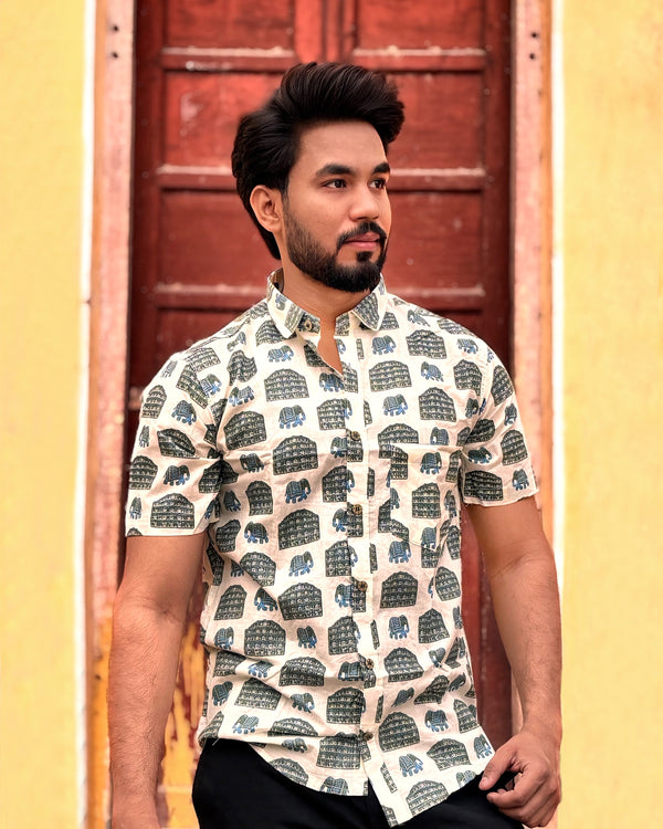 Men’s Beige Block Print Shirt – Premium Cotton Half Sleeve Casual Shirt for Men | Ethnic Elephant Print Summer Shirt
