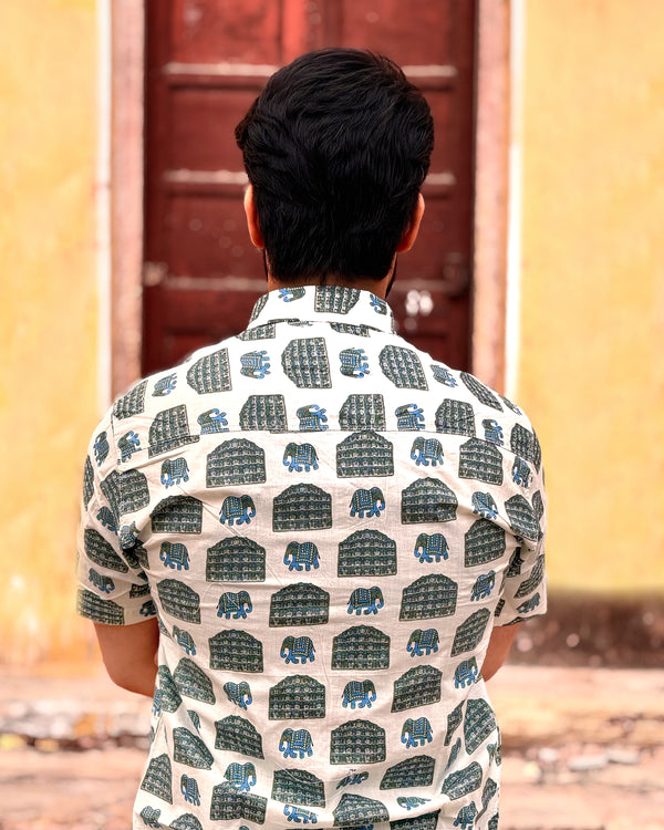 Men’s Beige Block Print Shirt – Premium Cotton Half Sleeve Casual Shirt for Men | Ethnic Elephant Print Summer Shirt