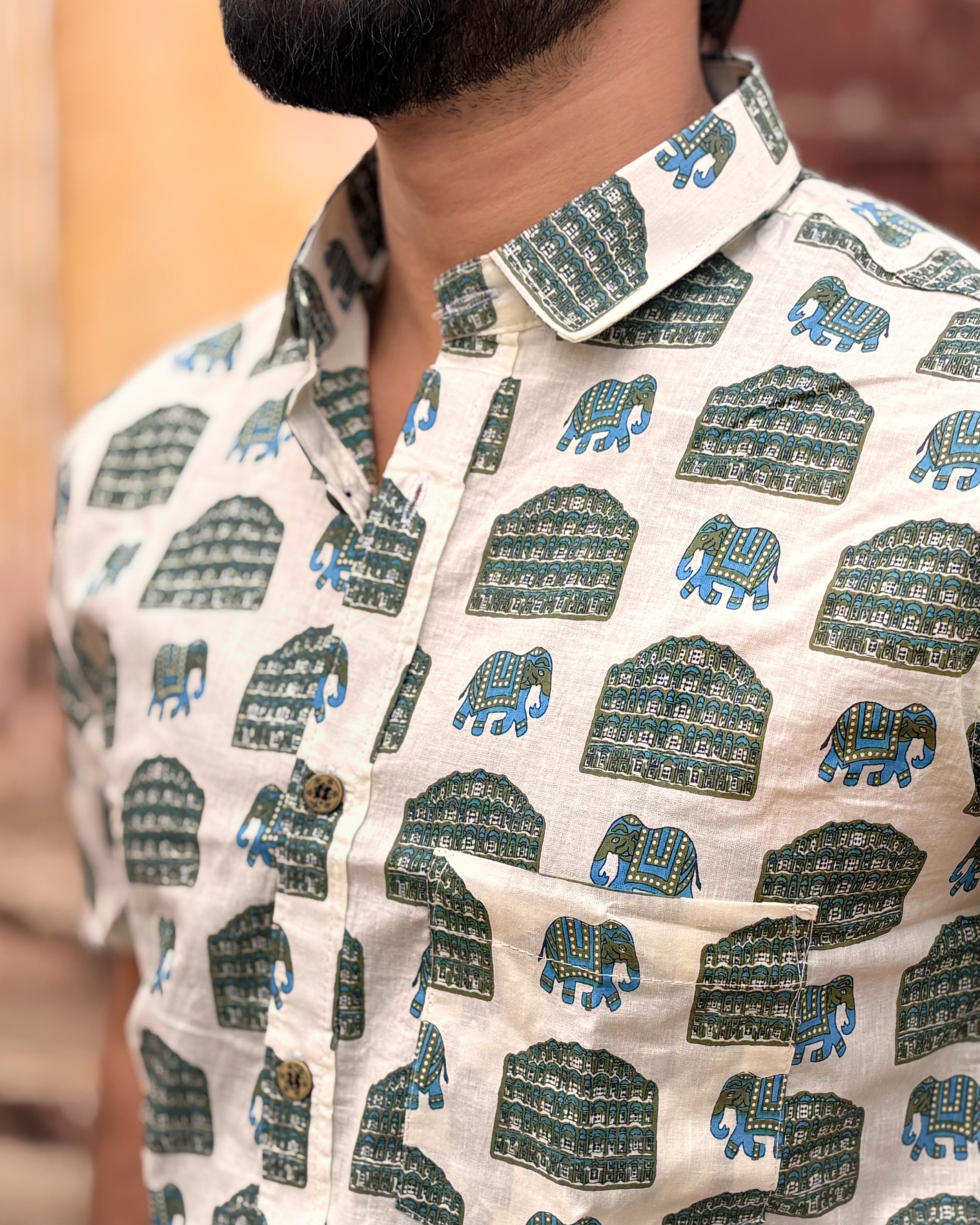 Men’s Beige Block Print Shirt – Premium Cotton Half Sleeve Casual Shirt for Men | Ethnic Elephant Print Summer Shirt