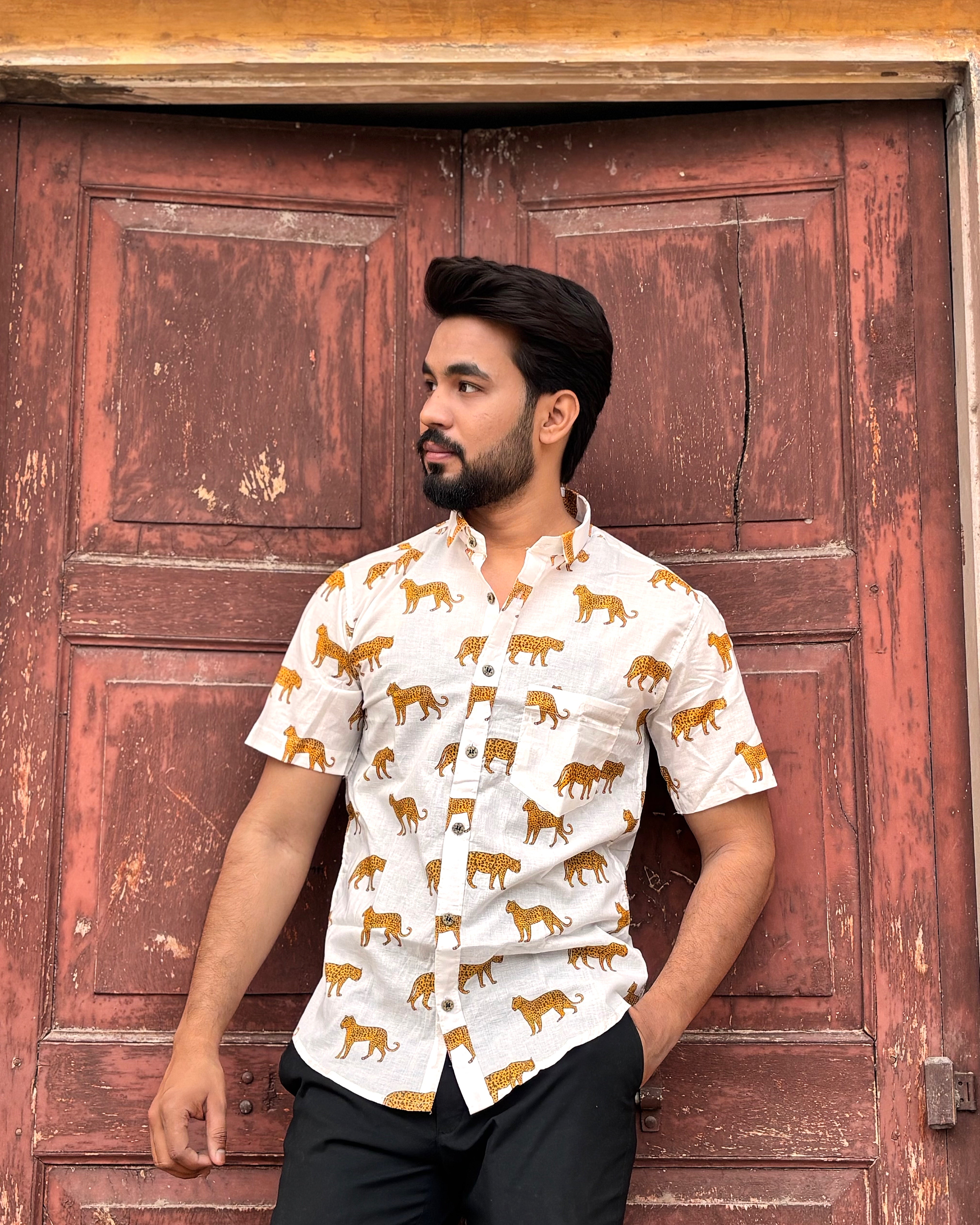 Men’s White Block Print Shirt – Premium Cotton Leopard Print Half Sleeve Casual Shirt for Men | Animal Print Summer Shirt