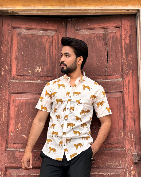 Men’s White Block Print Shirt – Premium Cotton Leopard Print Half Sleeve Casual Shirt for Men | Animal Print Summer Shirt
