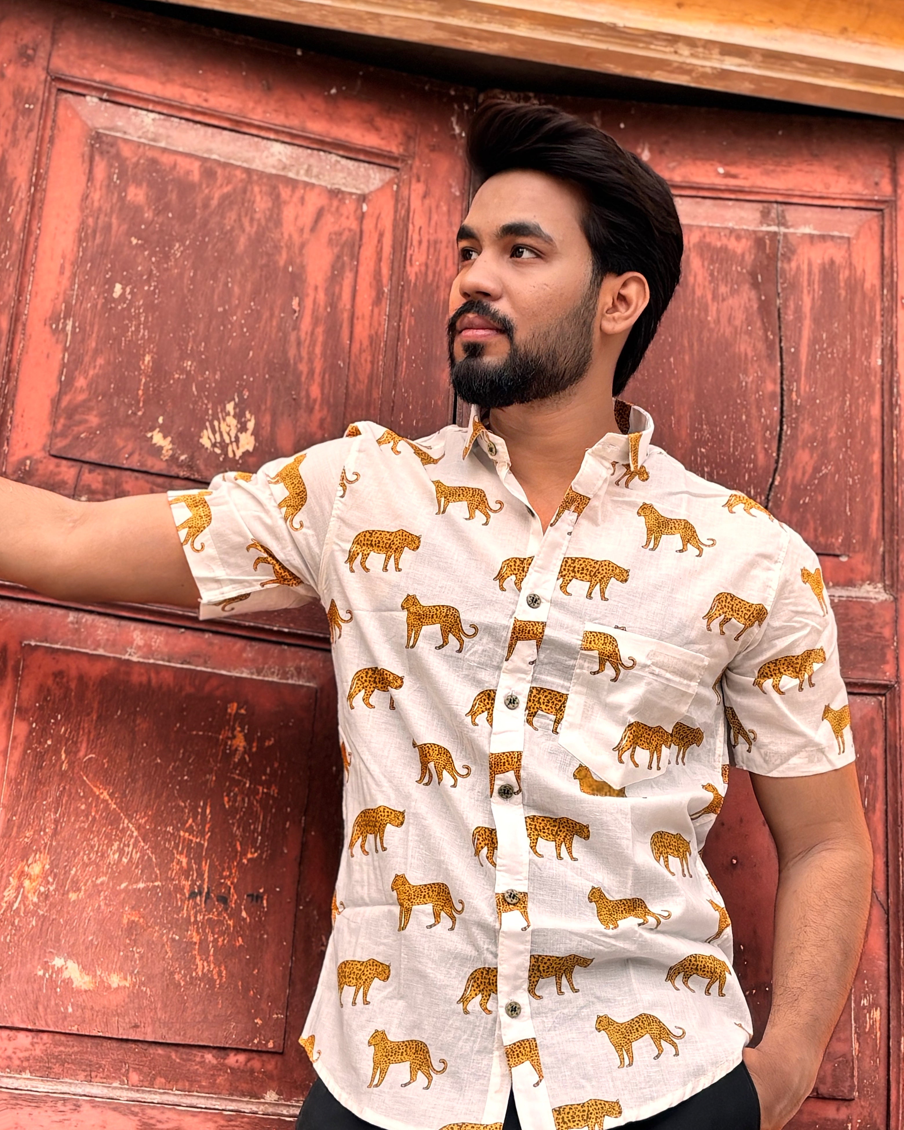 Men’s White Block Print Shirt – Premium Cotton Leopard Print Half Sleeve Casual Shirt for Men | Animal Print Summer Shirt