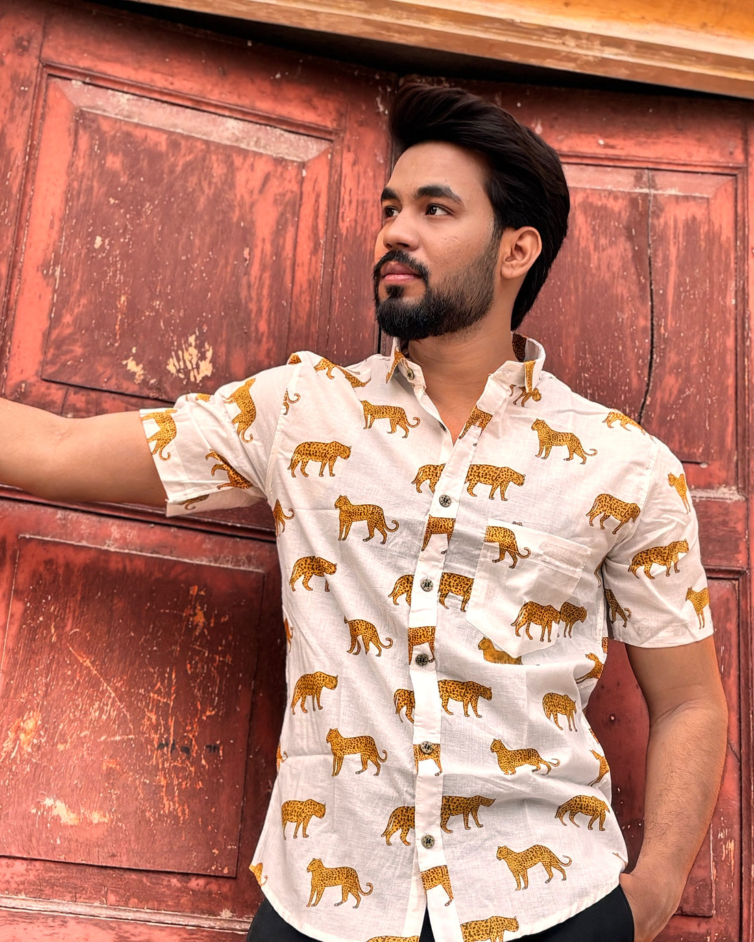Men’s White Block Print Shirt – Premium Cotton Leopard Print Half Sleeve Casual Shirt for Men | Animal Print Summer Shirt