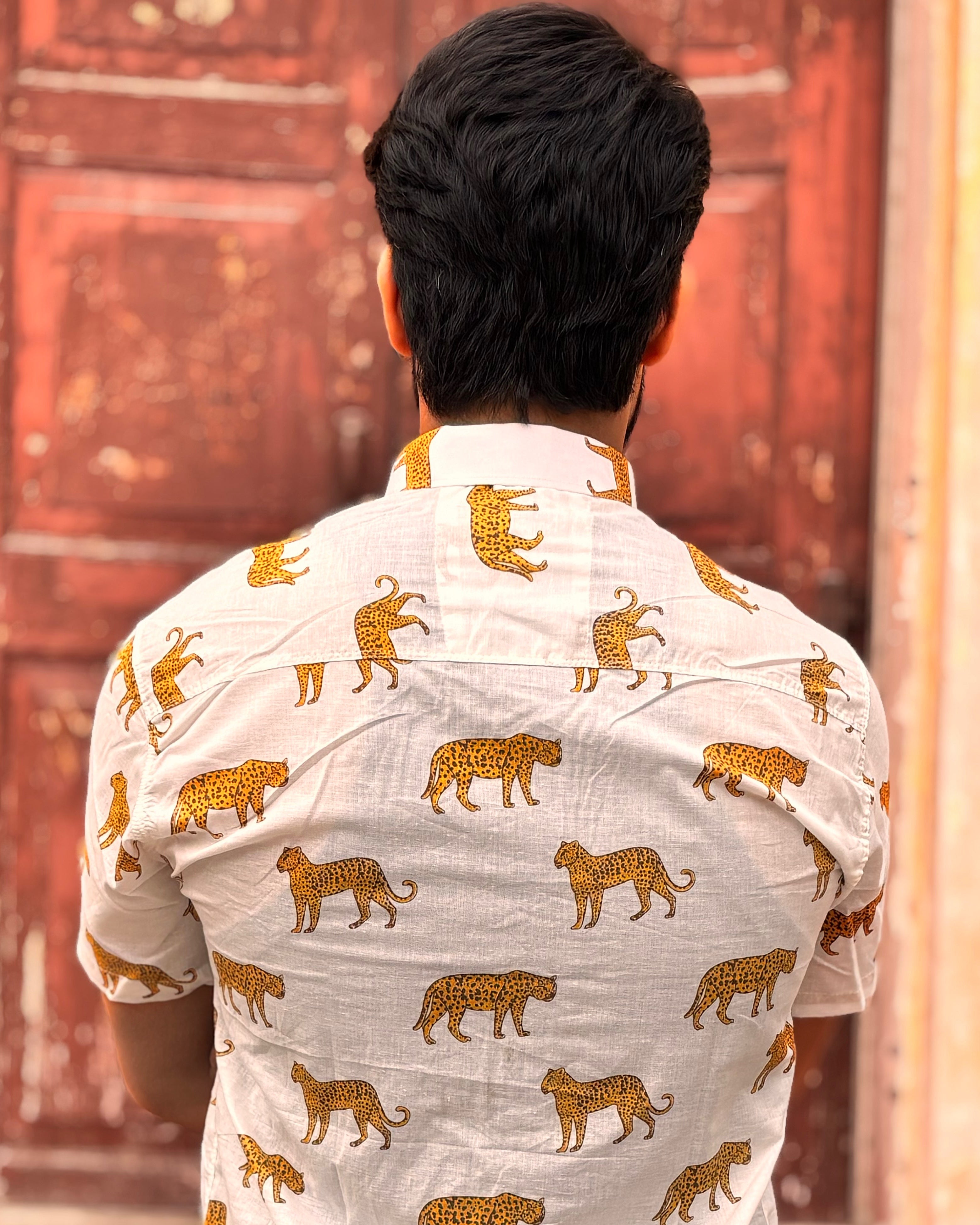 Men’s White Block Print Shirt – Premium Cotton Leopard Print Half Sleeve Casual Shirt for Men | Animal Print Summer Shirt