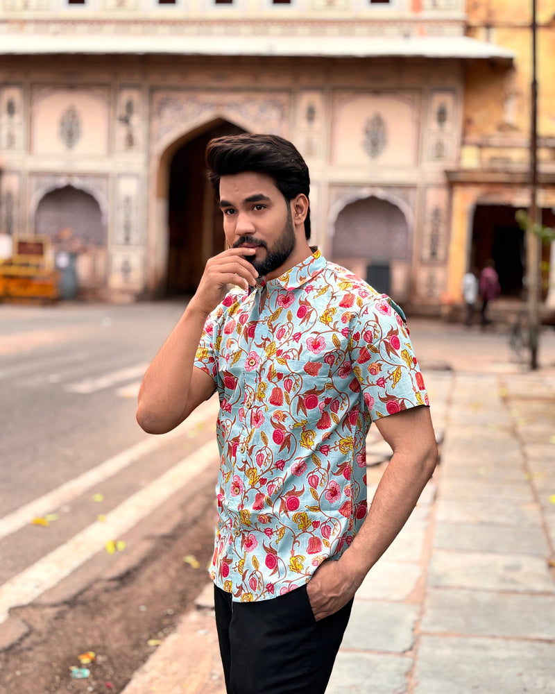 Men’s Blue Floral Block Print Shirt – Premium Cotton Half Sleeve Casual Shirt for Men | Ethnic Summer Printed Shirt