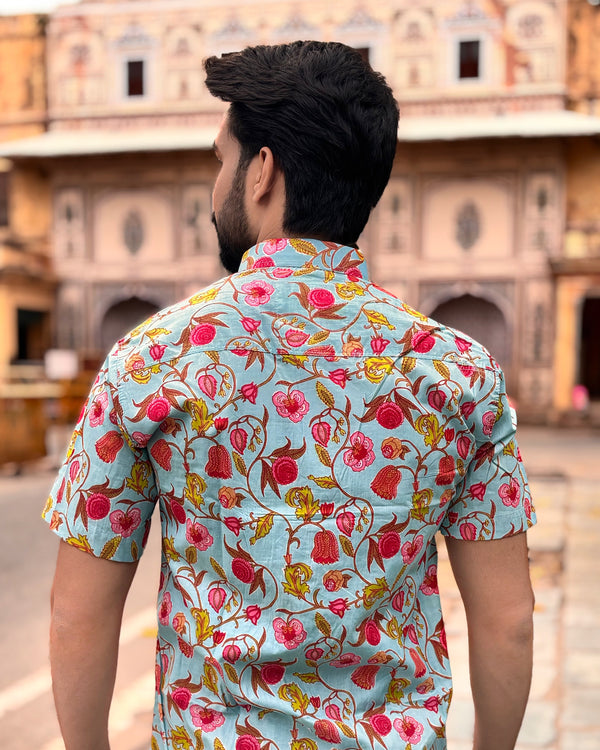 Men’s Blue Floral Block Print Shirt – Premium Cotton Half Sleeve Casual Shirt for Men | Ethnic Summer Printed Shirt