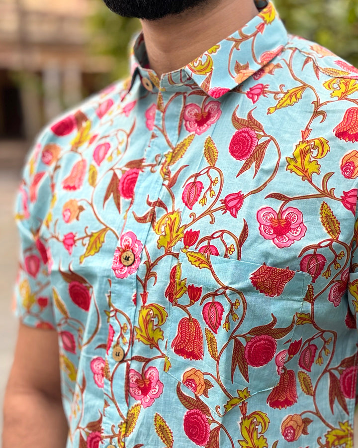 Men’s Blue Floral Block Print Shirt – Premium Cotton Half Sleeve Casual Shirt for Men | Ethnic Summer Printed Shirt
