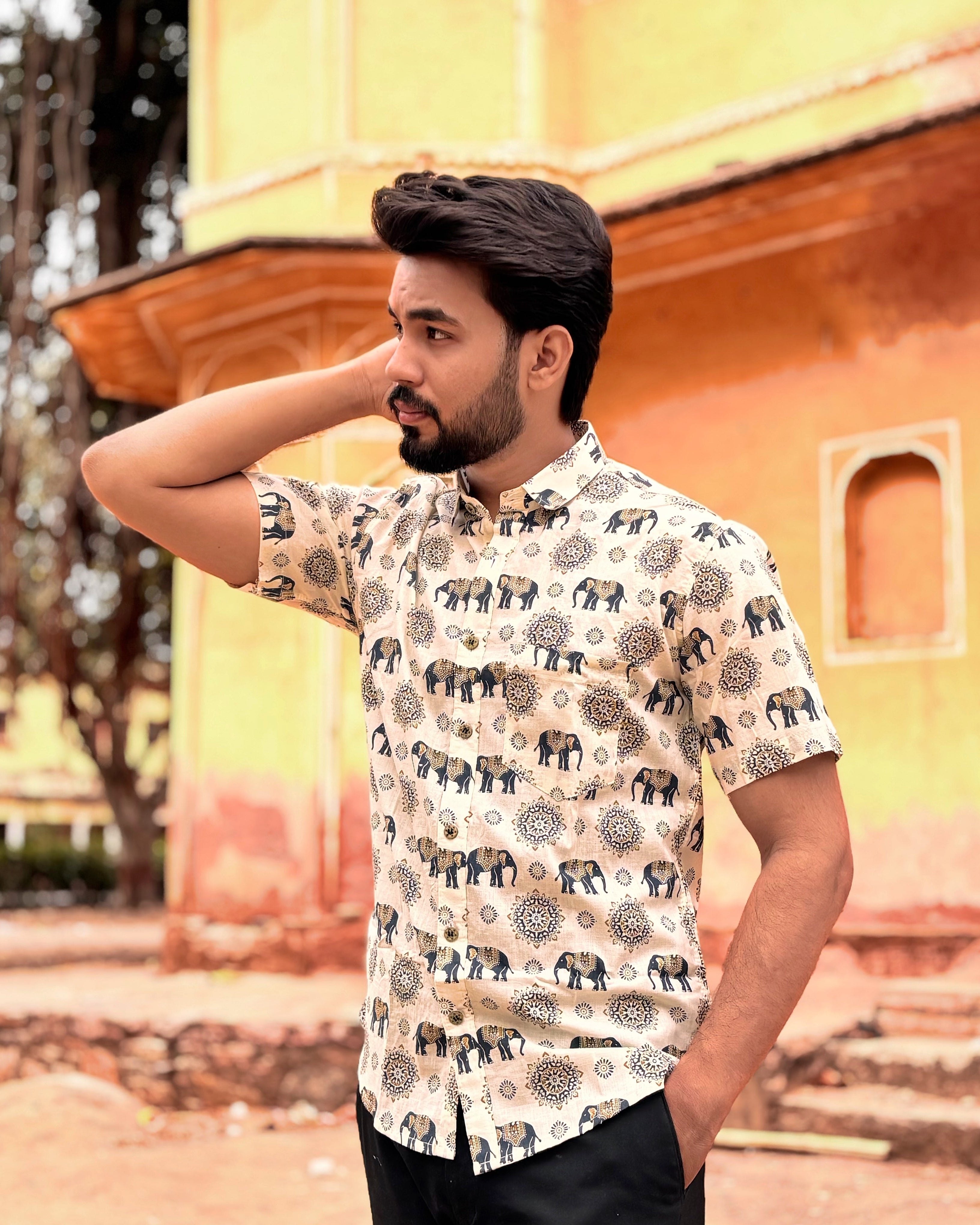 Men’s Beige Elephant Block Print Shirt – Premium Cotton Half Sleeve Casual Shirt for Men | Ethnic Mandala Print Shirt