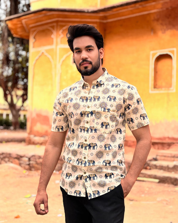 Men’s Beige Elephant Block Print Shirt – Premium Cotton Half Sleeve Casual Shirt for Men | Ethnic Mandala Print Shirt