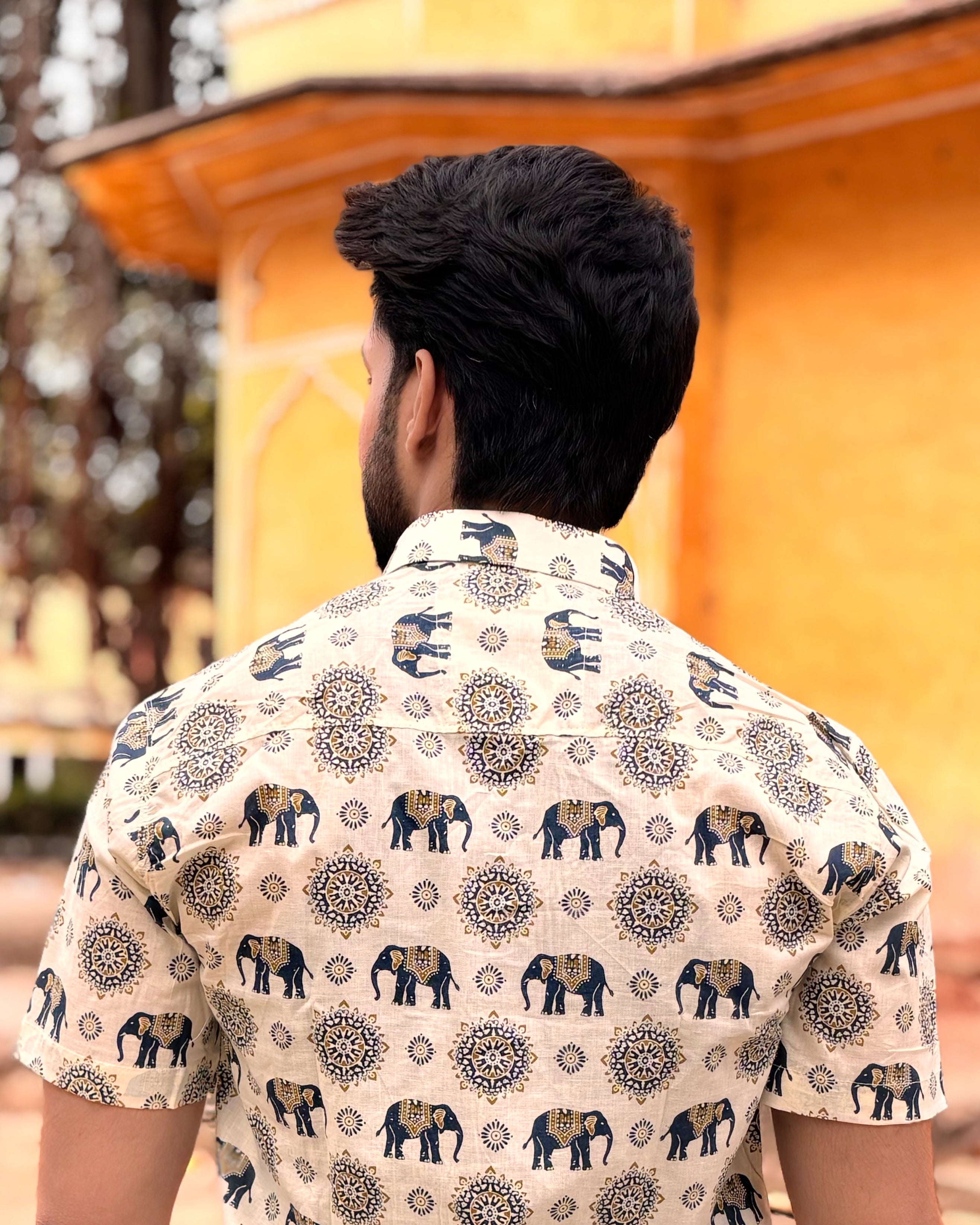 Men’s Beige Elephant Block Print Shirt – Premium Cotton Half Sleeve Casual Shirt for Men | Ethnic Mandala Print Shirt