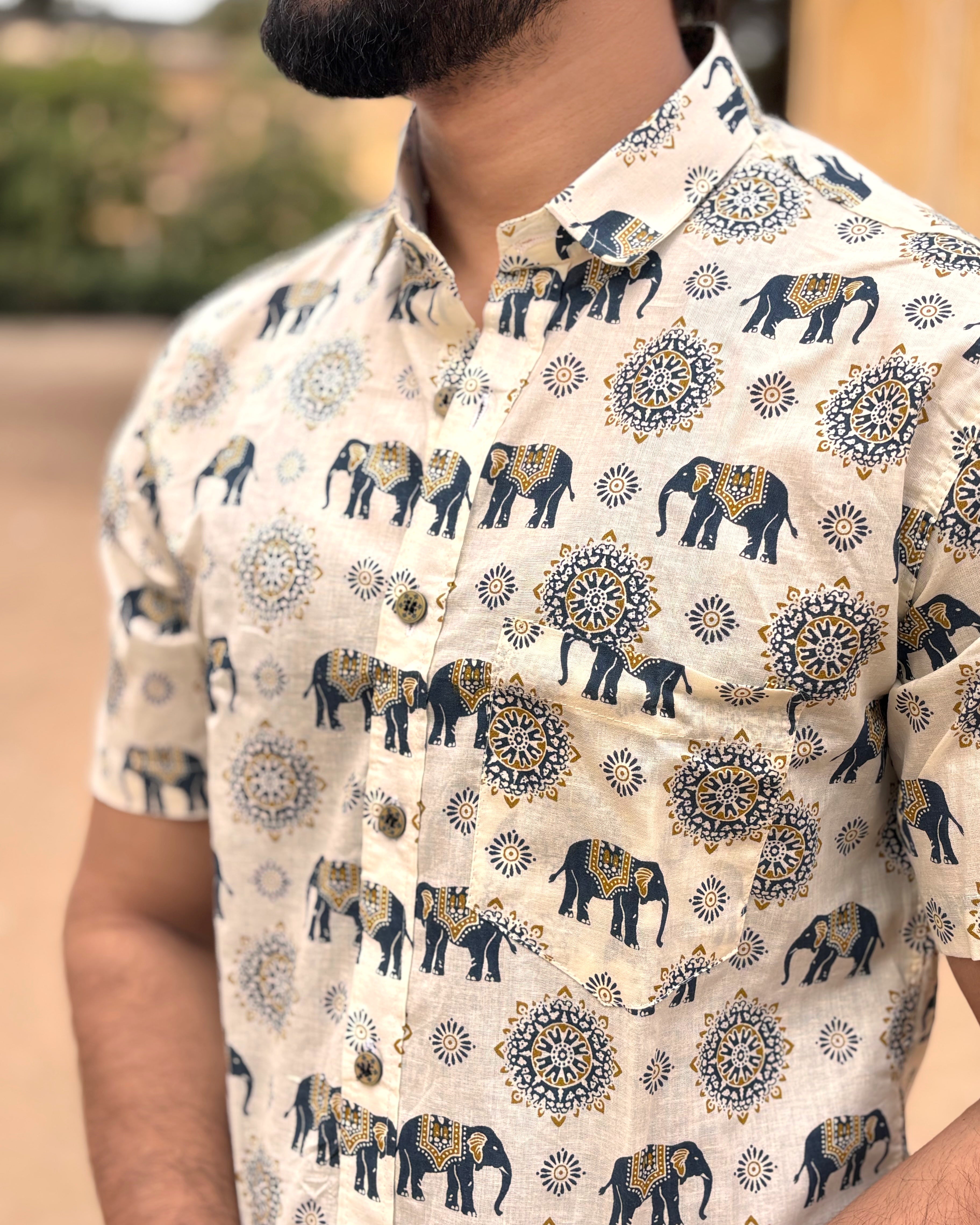 Men’s Beige Elephant Block Print Shirt – Premium Cotton Half Sleeve Casual Shirt for Men | Ethnic Mandala Print Shirt