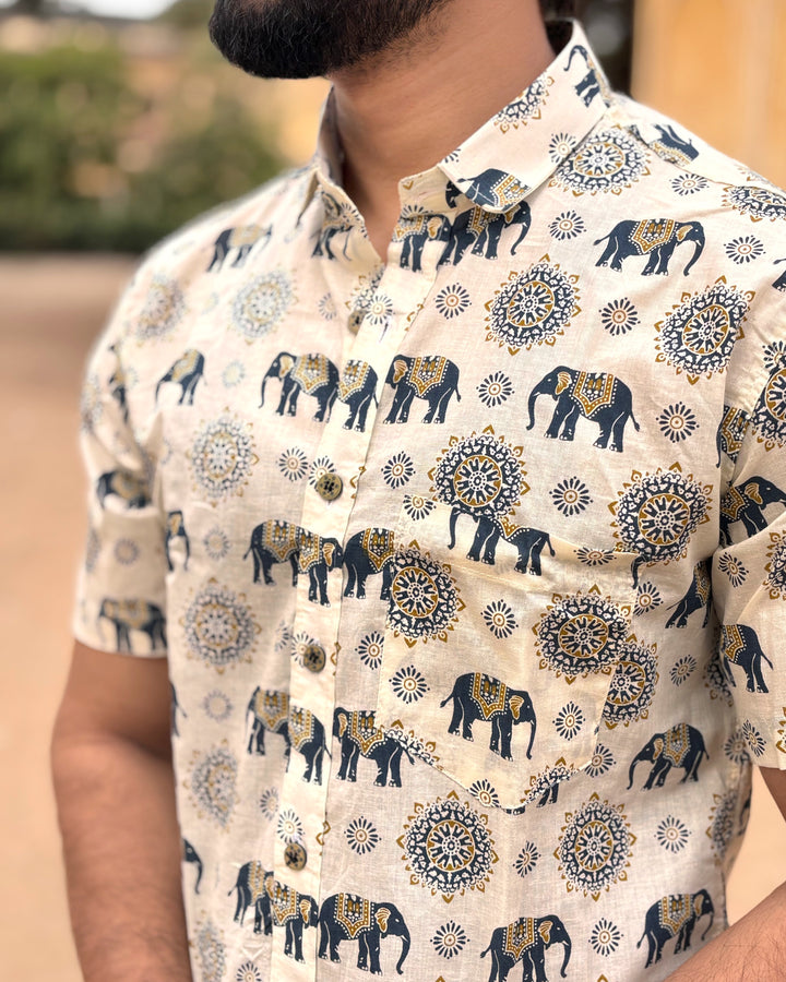 Men’s Beige Elephant Block Print Shirt – Premium Cotton Half Sleeve Casual Shirt for Men | Ethnic Mandala Print Shirt