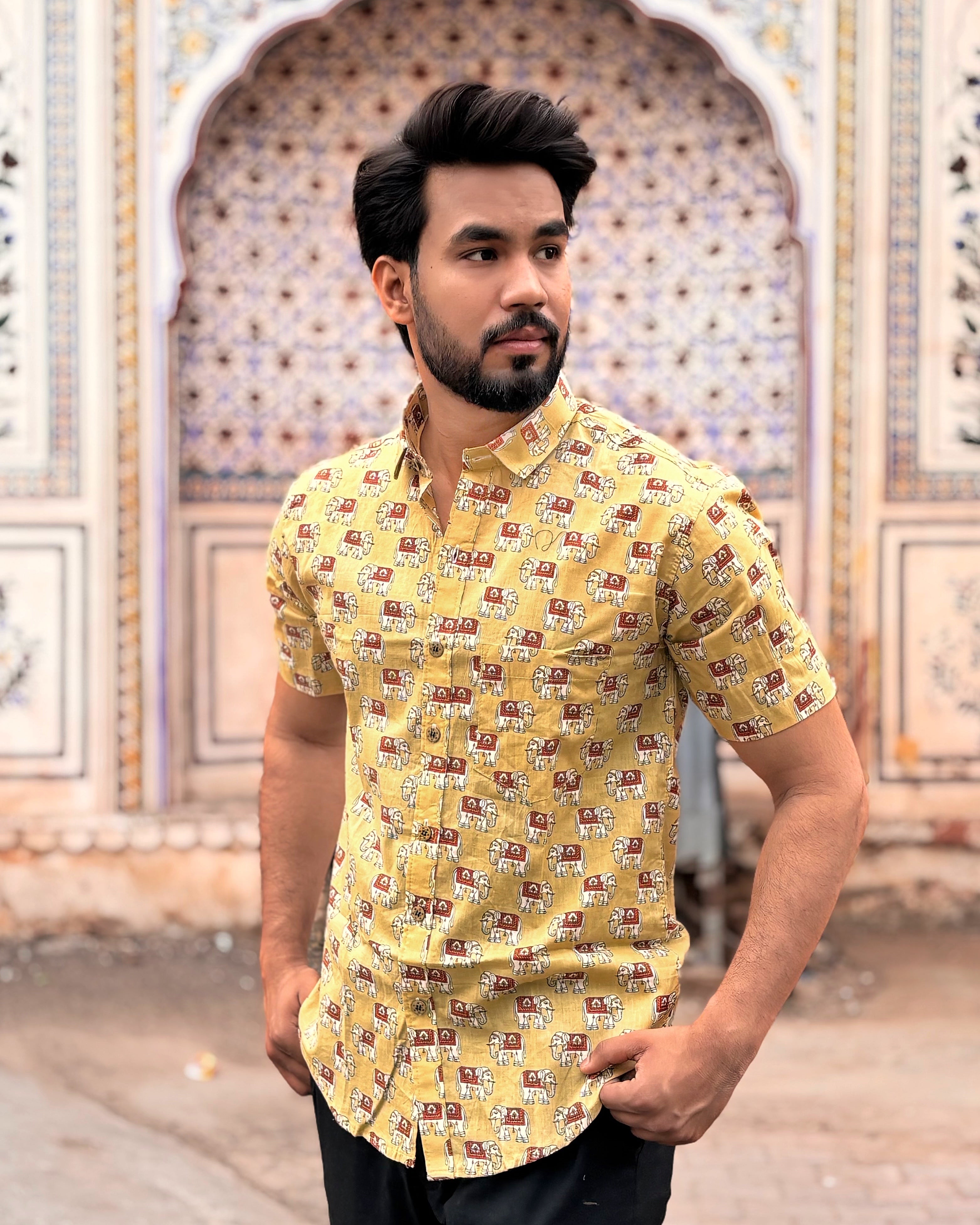 Men’s Yellow Elephant Block Print Shirt – Premium Cotton Half Sleeve Casual Shirt for Men | Ethnic Printed Summer Shirt