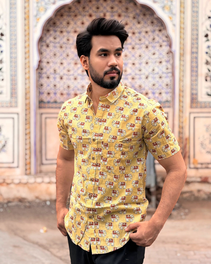 Men’s Yellow Elephant Block Print Shirt – Premium Cotton Half Sleeve Casual Shirt for Men | Ethnic Printed Summer Shirt