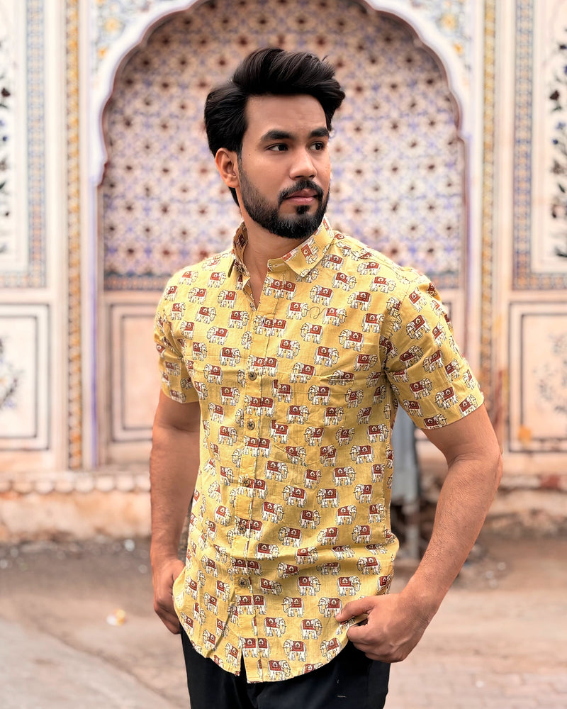 Men’s Yellow Elephant Block Print Shirt – Premium Cotton Half Sleeve Casual Shirt for Men | Ethnic Printed Summer Shirt