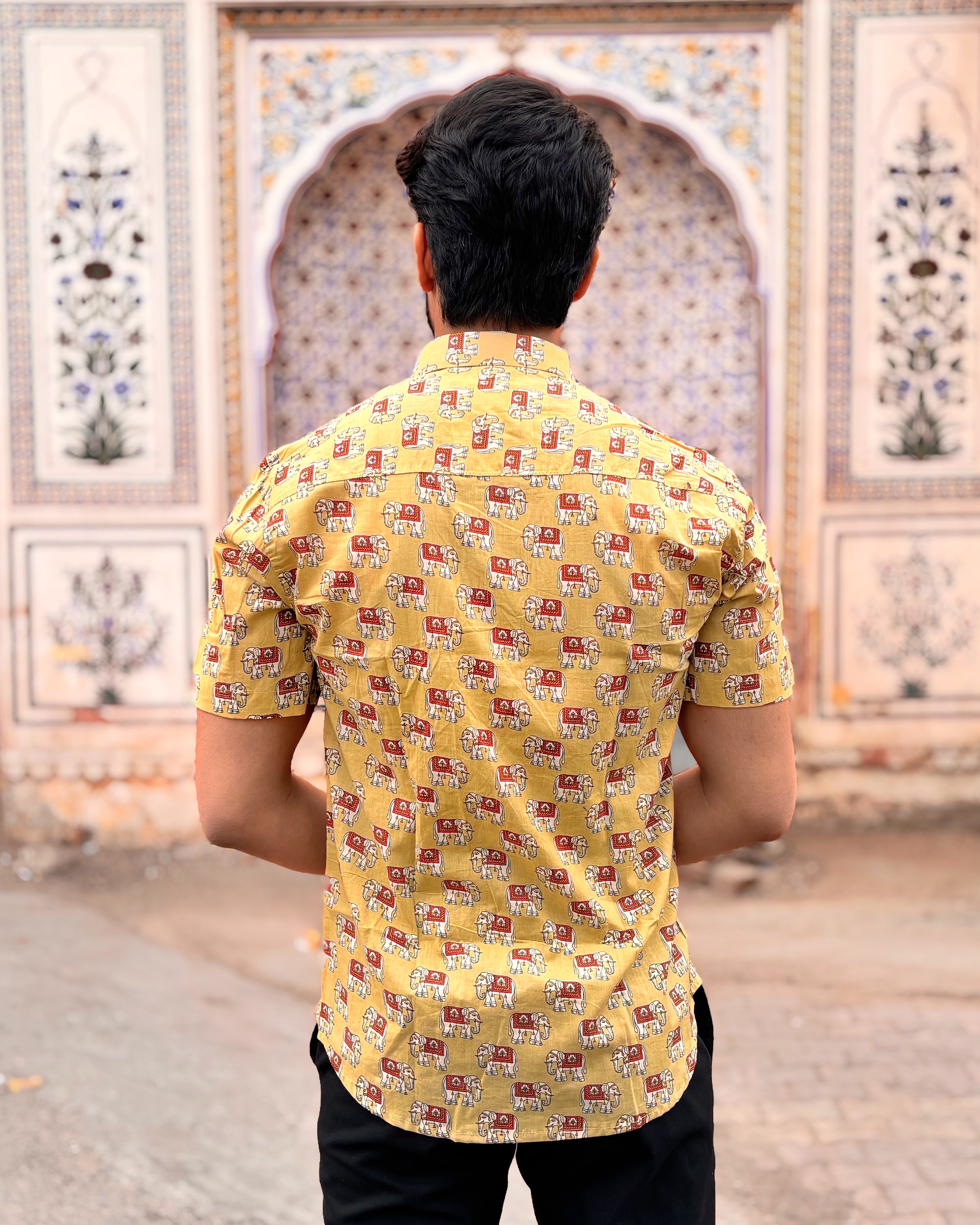 Men’s Yellow Elephant Block Print Shirt – Premium Cotton Half Sleeve Casual Shirt for Men | Ethnic Printed Summer Shirt