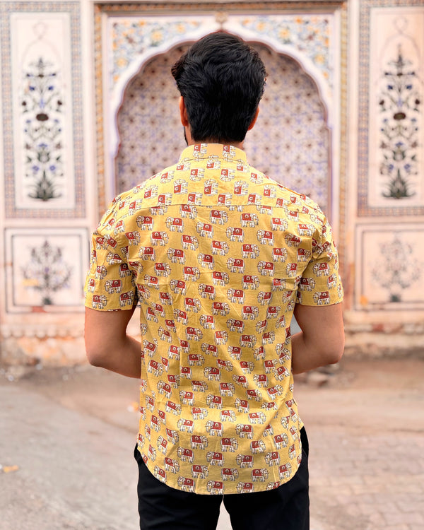 Men’s Yellow Elephant Block Print Shirt – Premium Cotton Half Sleeve Casual Shirt for Men | Ethnic Printed Summer Shirt