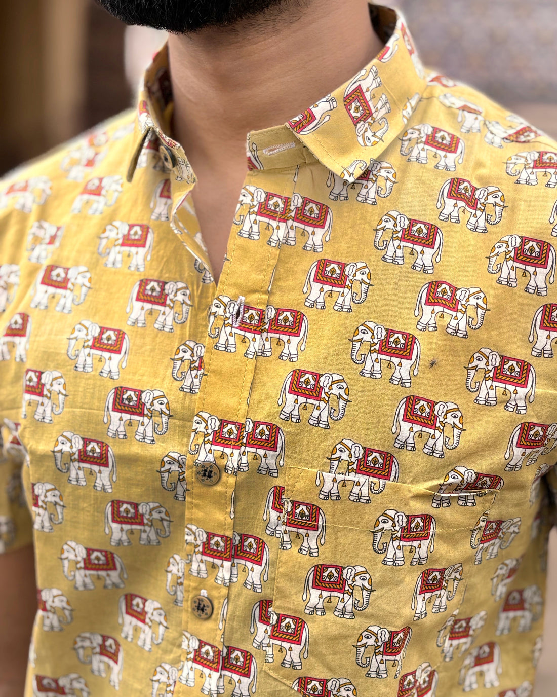 Men’s Yellow Elephant Block Print Shirt – Premium Cotton Half Sleeve Casual Shirt for Men | Ethnic Printed Summer Shirt