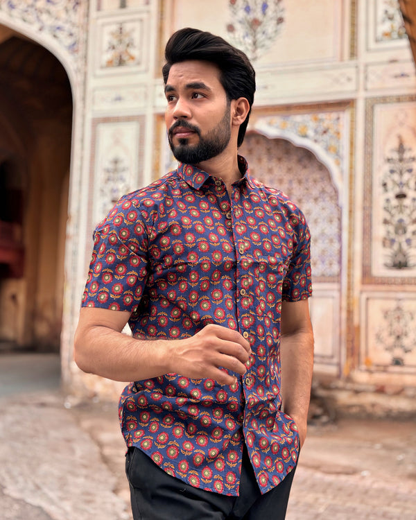 Men’s Blue Block Print Shirt – Premium Ethnic Floral Printed Half Sleeve Casual Shirt