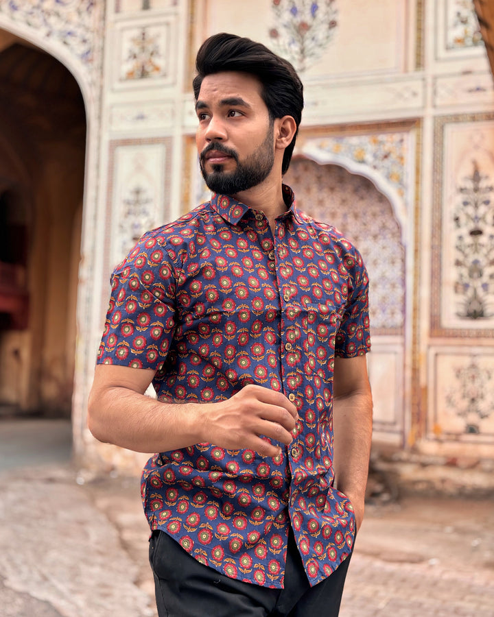 Men’s Blue Block Print Shirt – Premium Ethnic Floral Printed Half Sleeve Casual Shirt