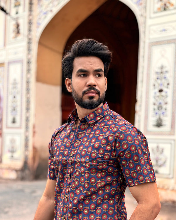 Men’s Blue Block Print Shirt – Premium Ethnic Floral Printed Half Sleeve Casual Shirt