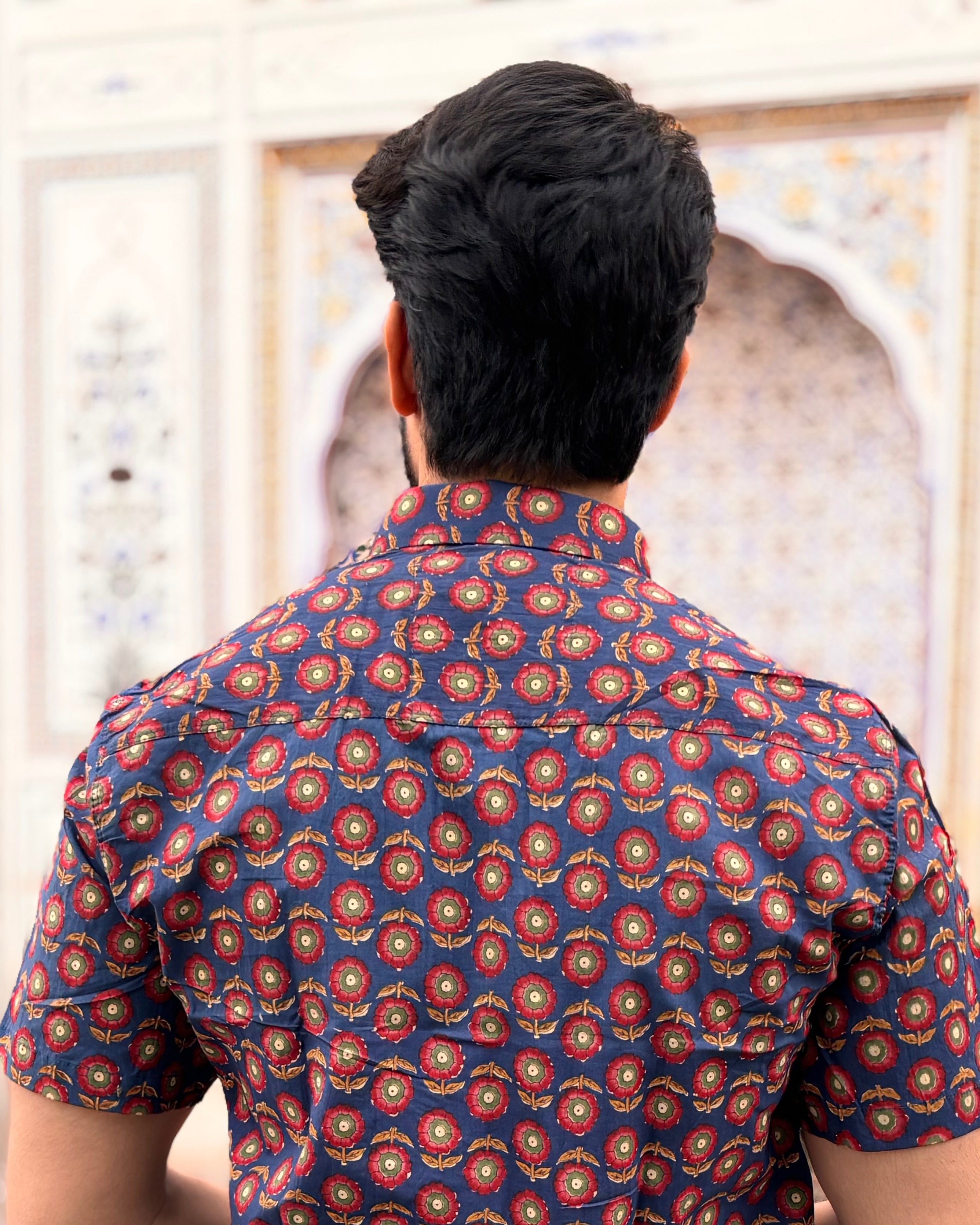 Men’s Blue Block Print Shirt – Premium Ethnic Floral Printed Half Sleeve Casual Shirt