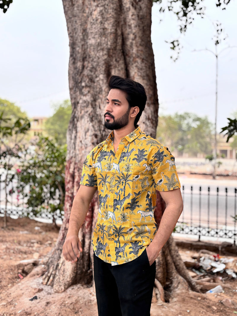 Men’s Yellow Tropical Block Print Shirt – Premium Jungle Print Half Sleeve Casual Shirt