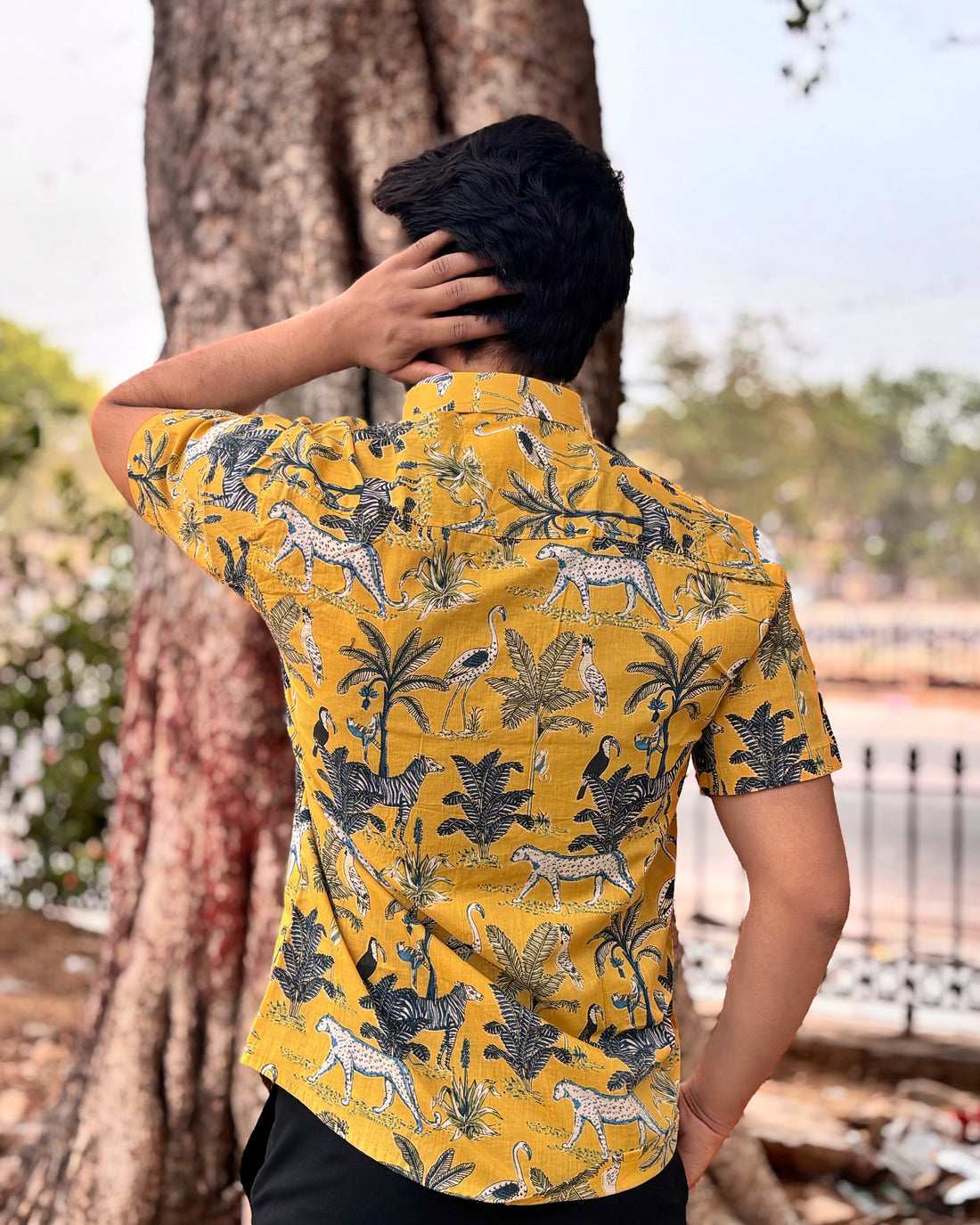 Men’s Yellow Tropical Block Print Shirt – Premium Jungle Print Half Sleeve Casual Shirt