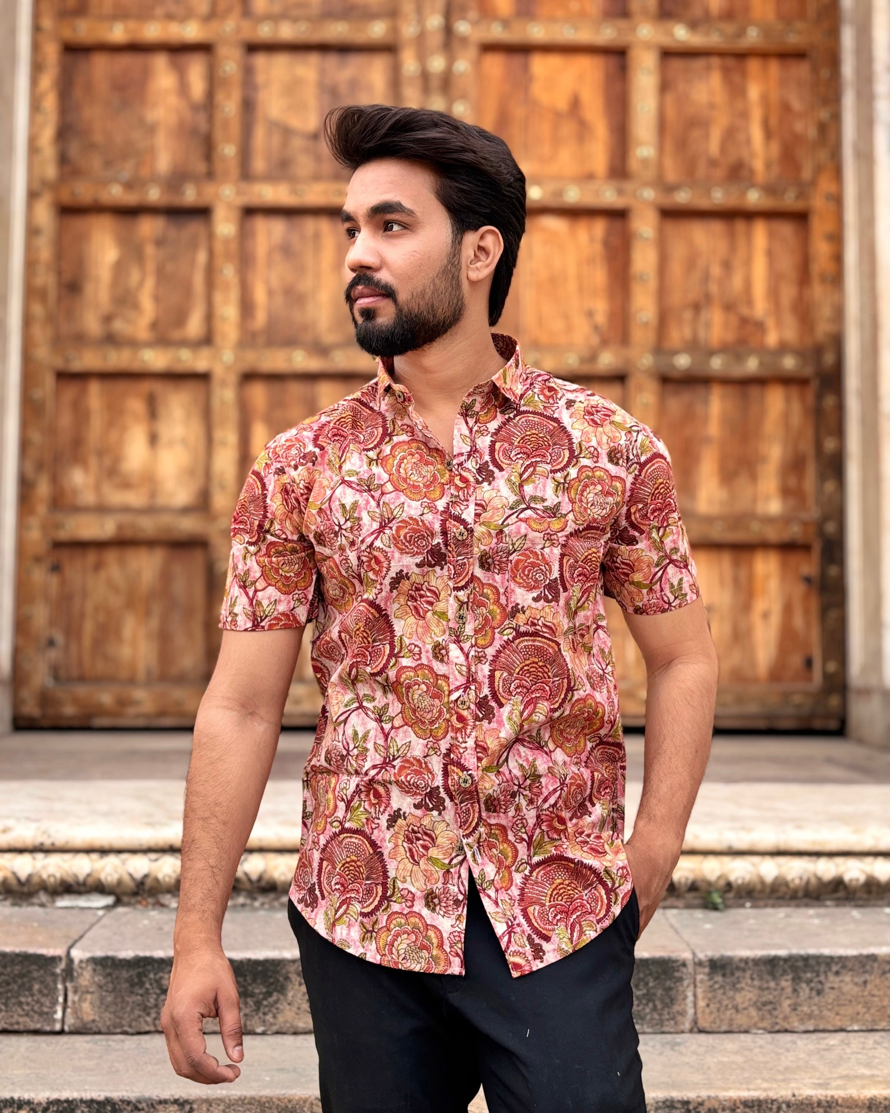 Men’s Pink Floral Block Print Shirt – Premium Ethnic Printed Half Sleeve Casual Shirt