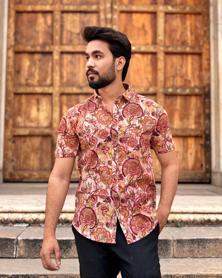 Men’s Pink Floral Block Print Shirt – Premium Ethnic Printed Half Sleeve Casual Shirt