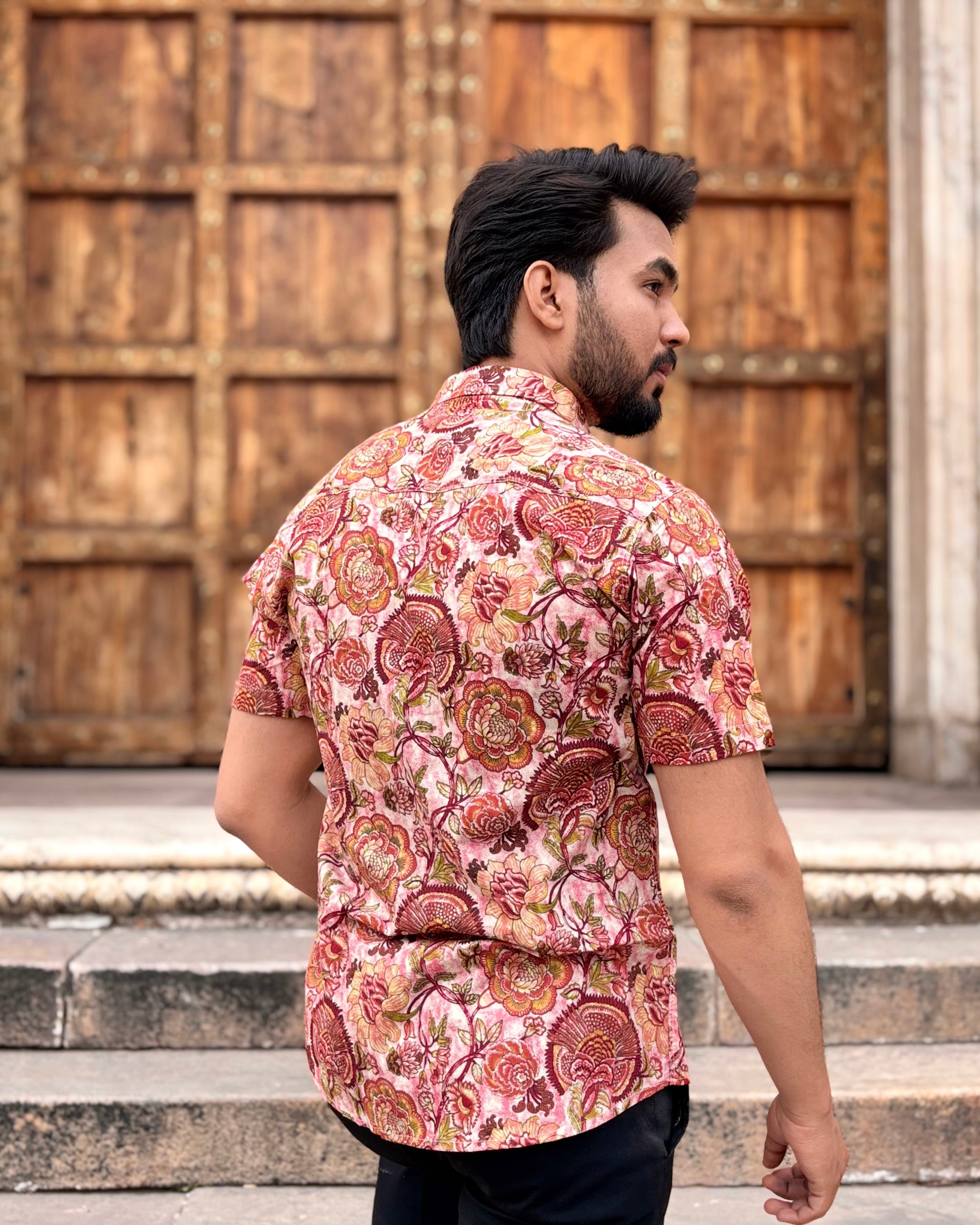 Men’s Pink Floral Block Print Shirt – Premium Ethnic Printed Half Sleeve Casual Shirt
