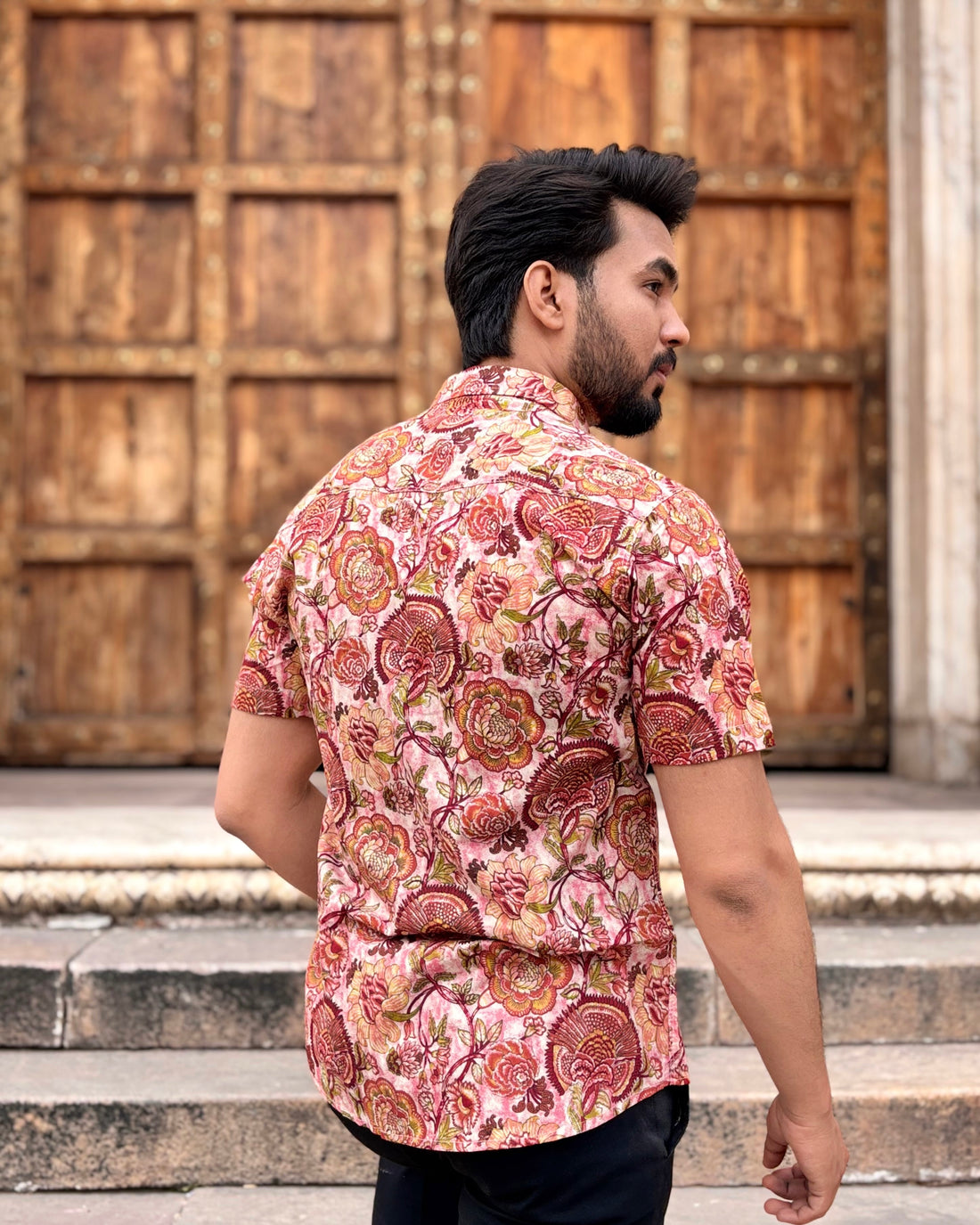 Men’s Pink Floral Block Print Shirt – Premium Ethnic Printed Half Sleeve Casual Shirt