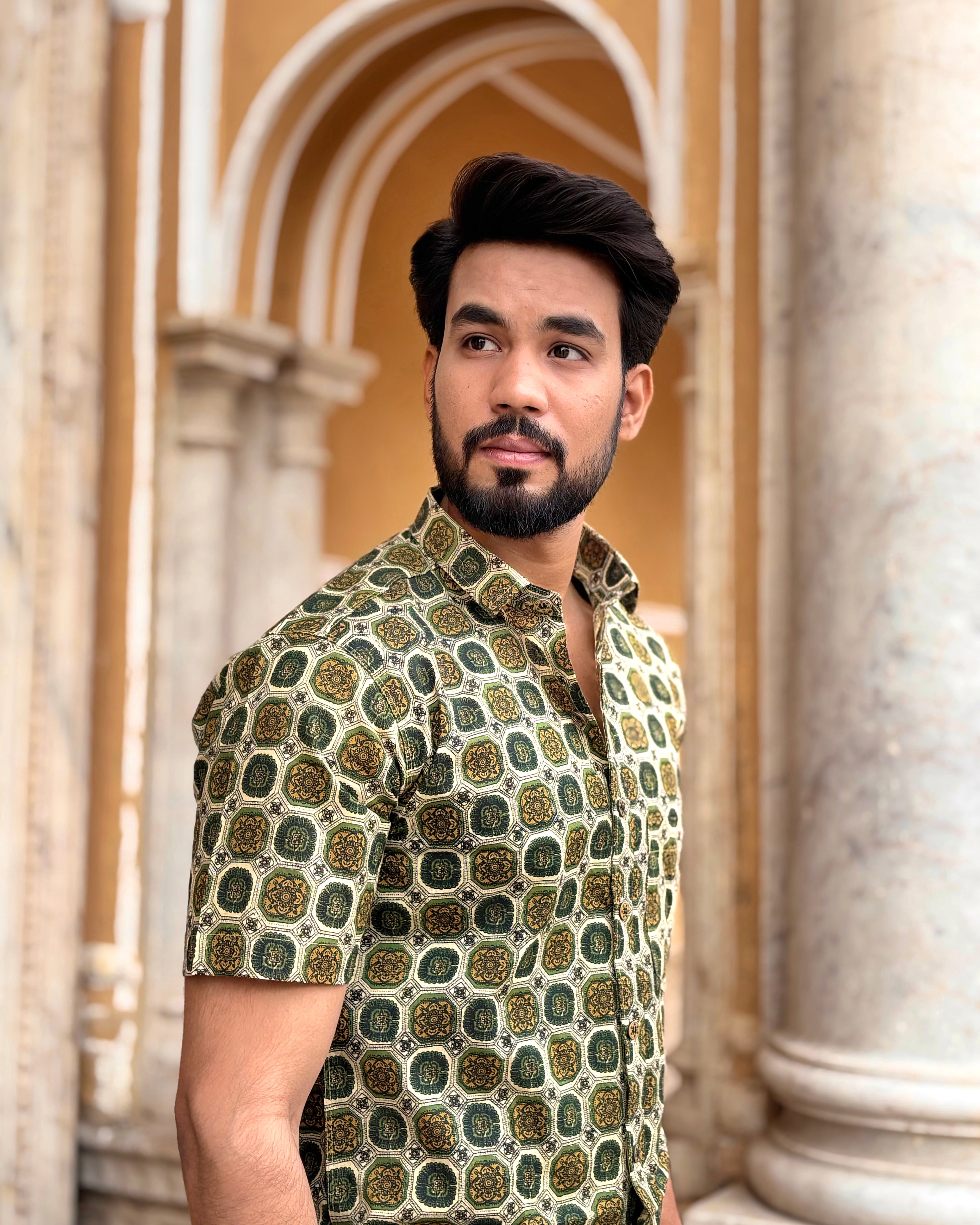 Men’s Green Geometric Block Print Shirt – Premium Ethnic Pattern Half Sleeve Casual Shirt