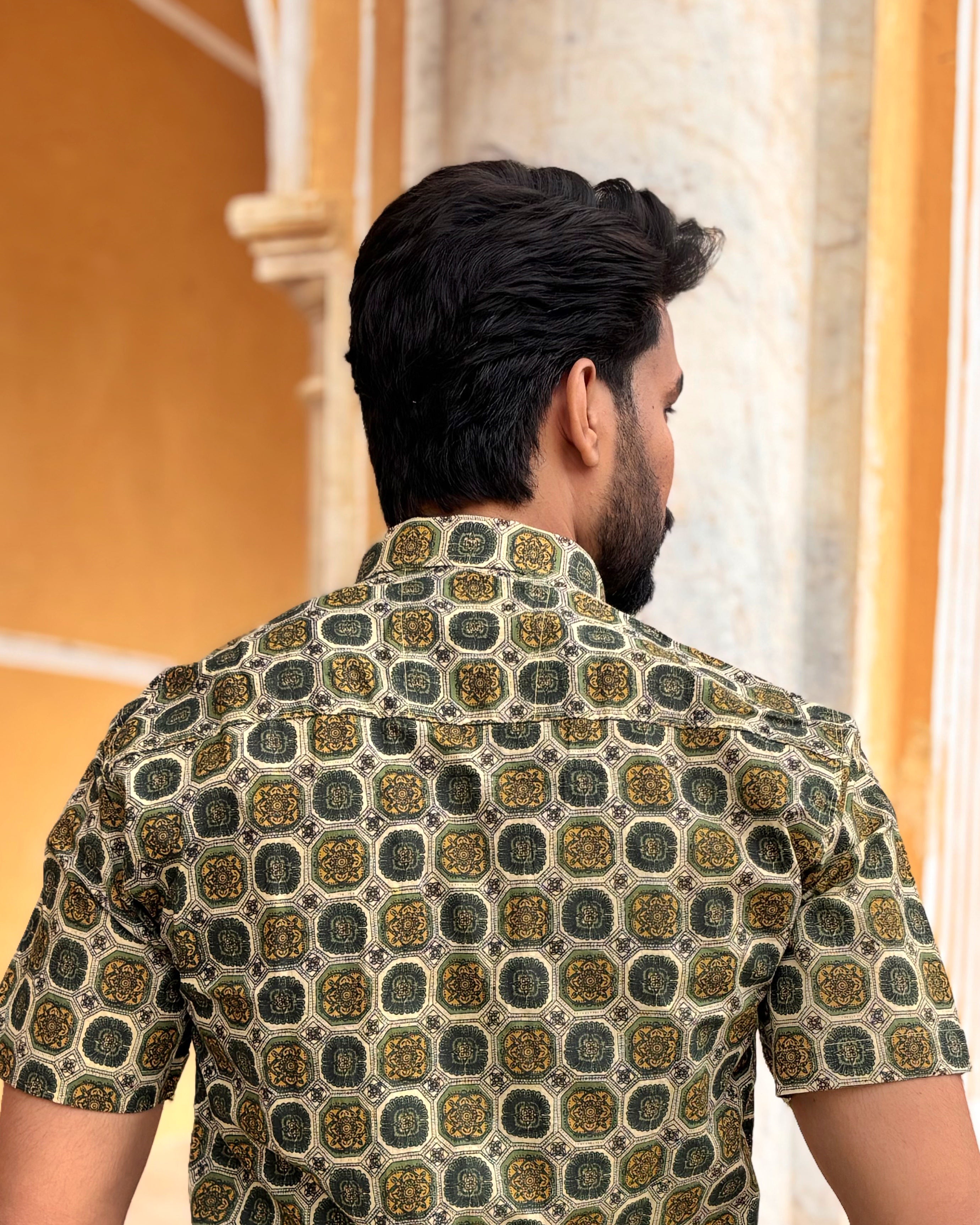 Men’s Green Geometric Block Print Shirt – Premium Ethnic Pattern Half Sleeve Casual Shirt