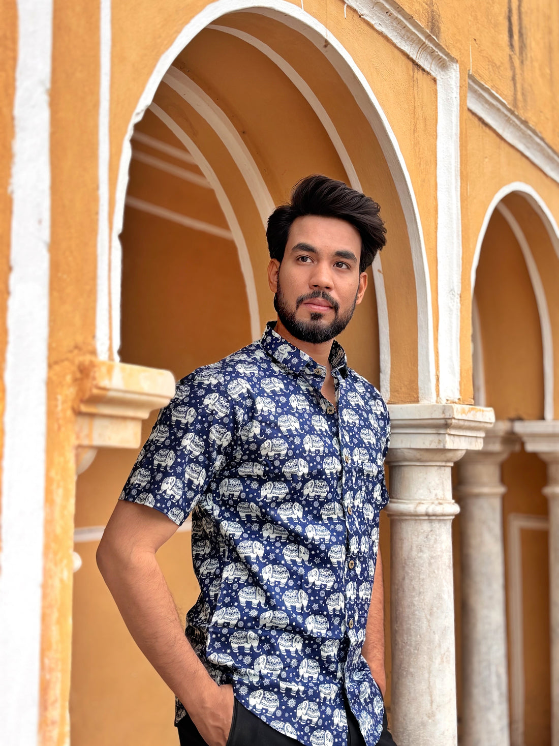 Premium Navy Blue Elephant Print Cotton Shirt for Men | Block Print Shirt