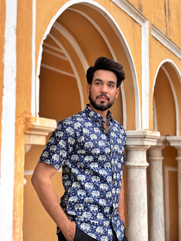 Premium Navy Blue Elephant Print Cotton Shirt for Men | Block Print Shirt