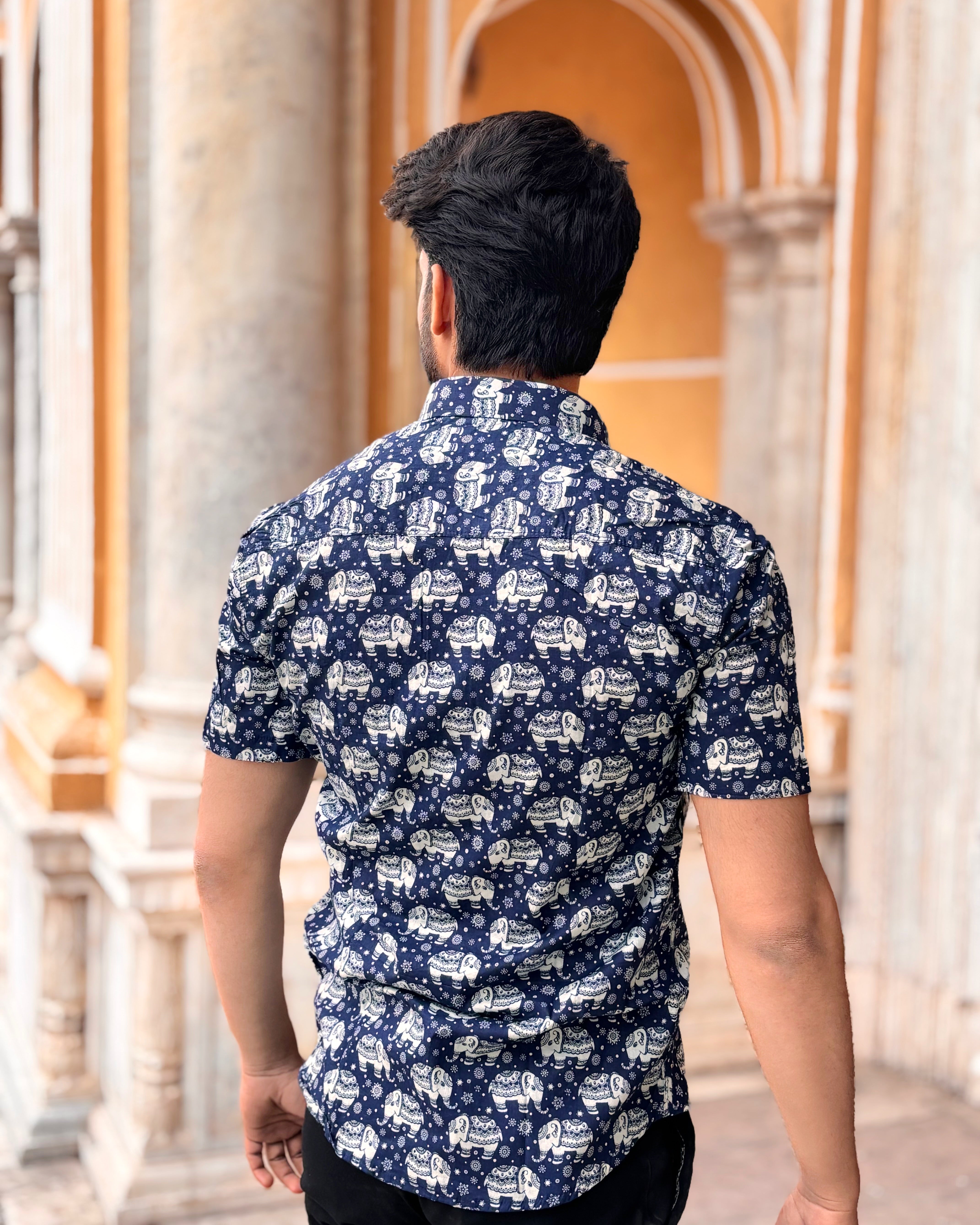 Premium Navy Blue Elephant Print Cotton Shirt for Men | Block Print Shirt
