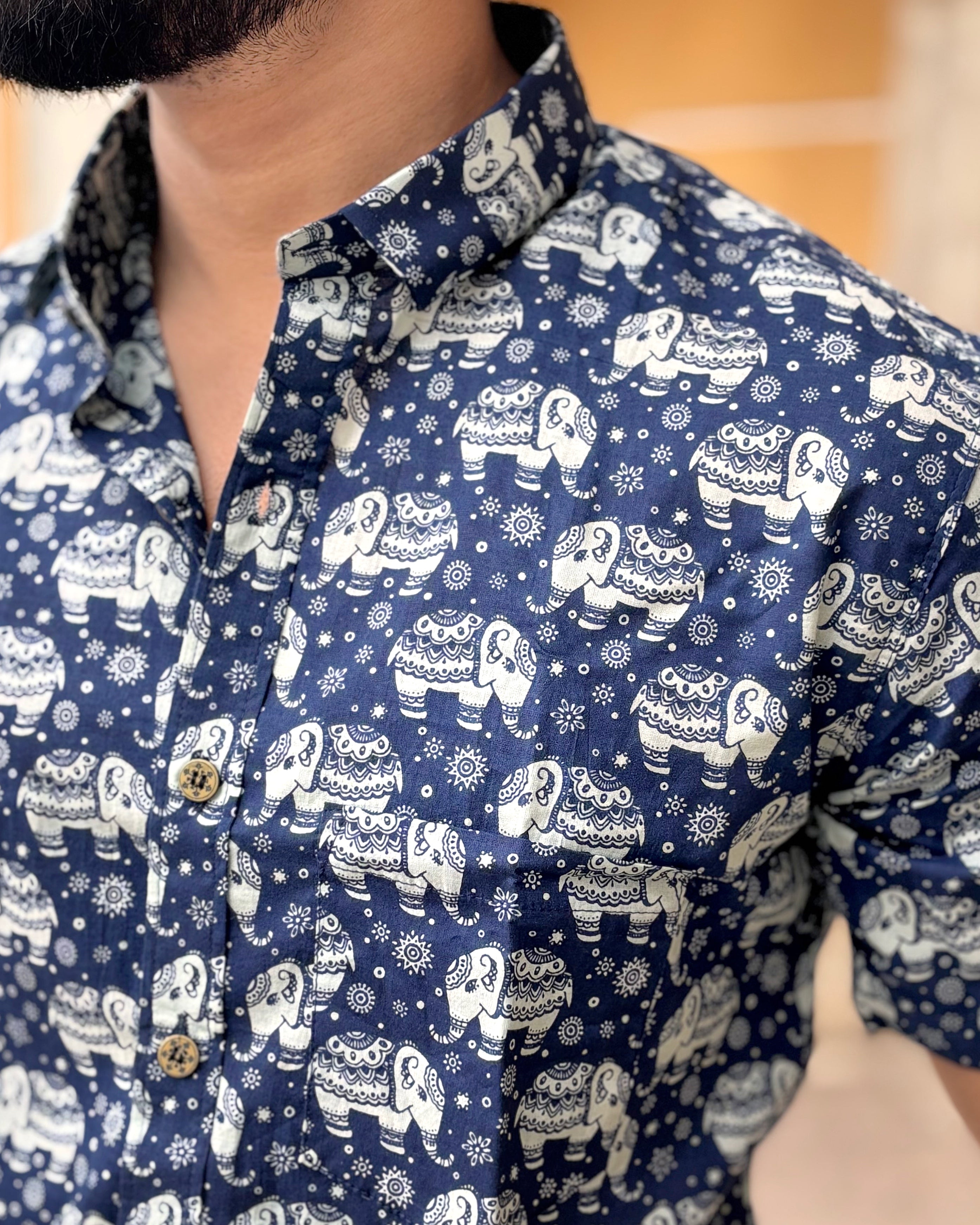 Premium Navy Blue Elephant Print Cotton Shirt for Men | Block Print Shirt