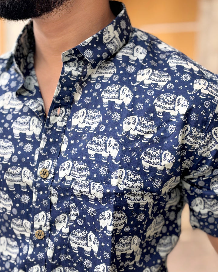 Premium Navy Blue Elephant Print Cotton Shirt for Men | Block Print Shirt