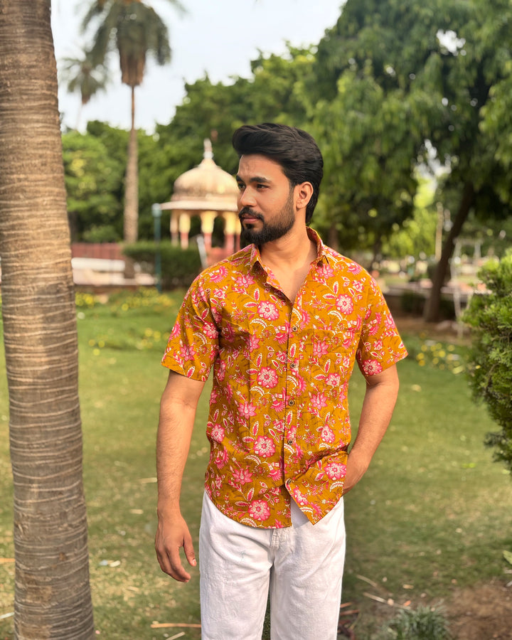 Premium Mustard Yellow Floral Cotton Shirt for Men | Sanganeri Print