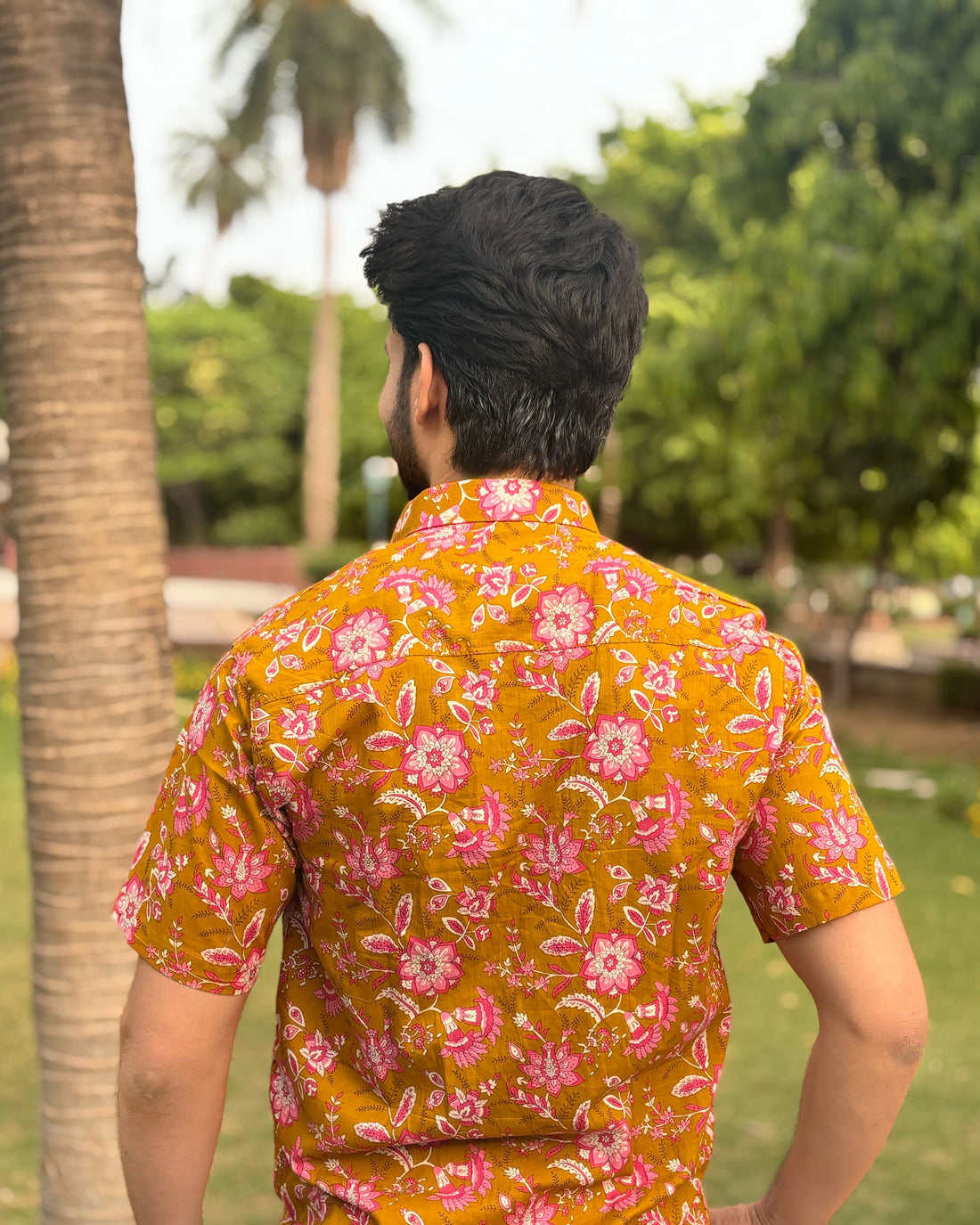 Premium Mustard Yellow Floral Cotton Shirt for Men | Sanganeri Print
