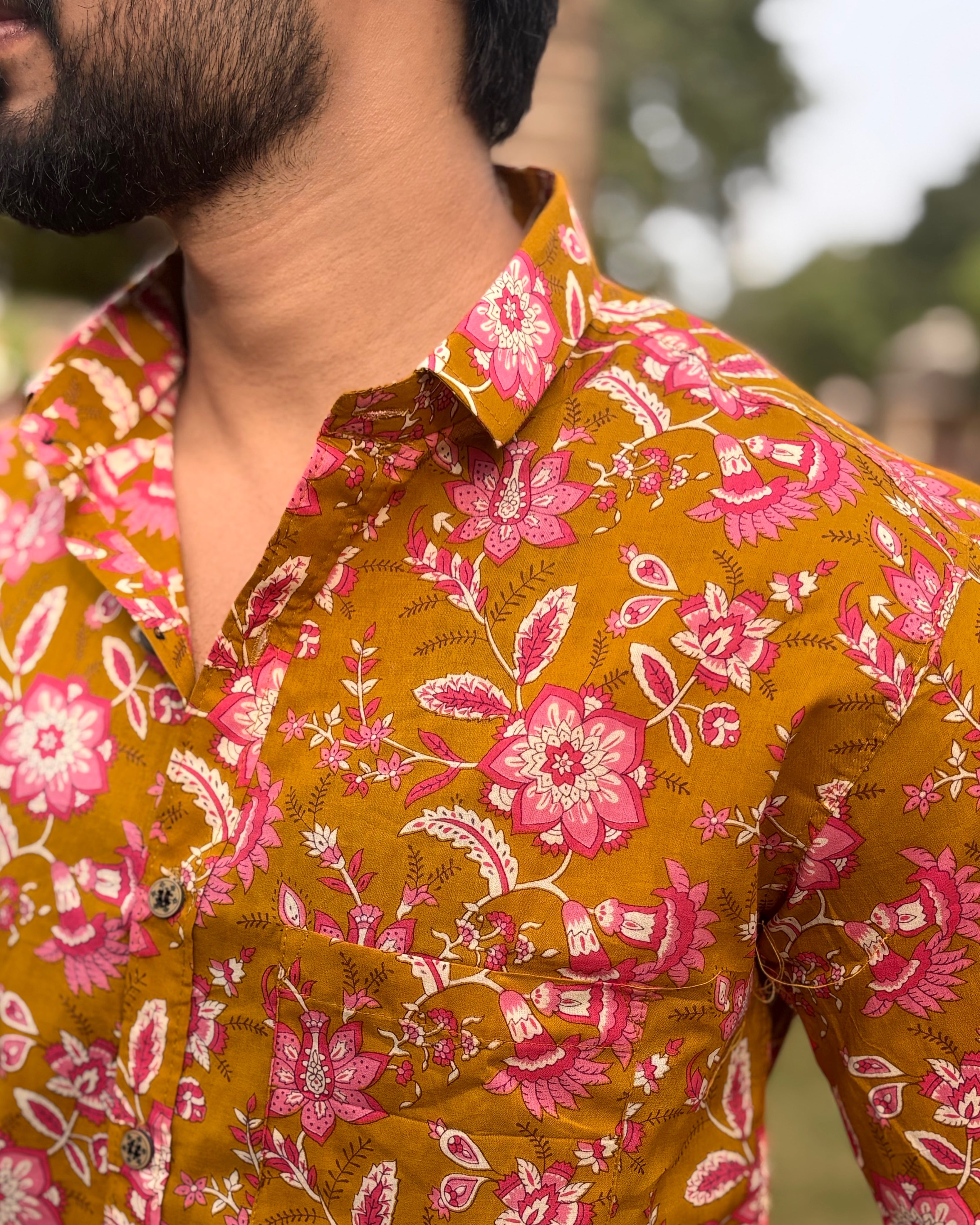 Premium Mustard Yellow Floral Cotton Shirt for Men | Sanganeri Print
