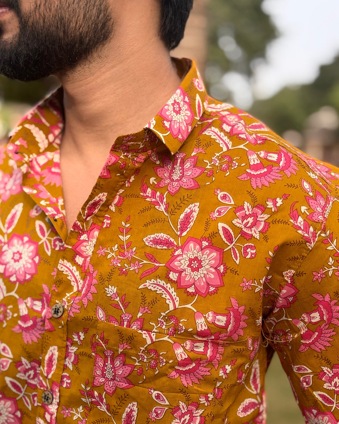 Premium Mustard Yellow Floral Cotton Shirt for Men | Sanganeri Print